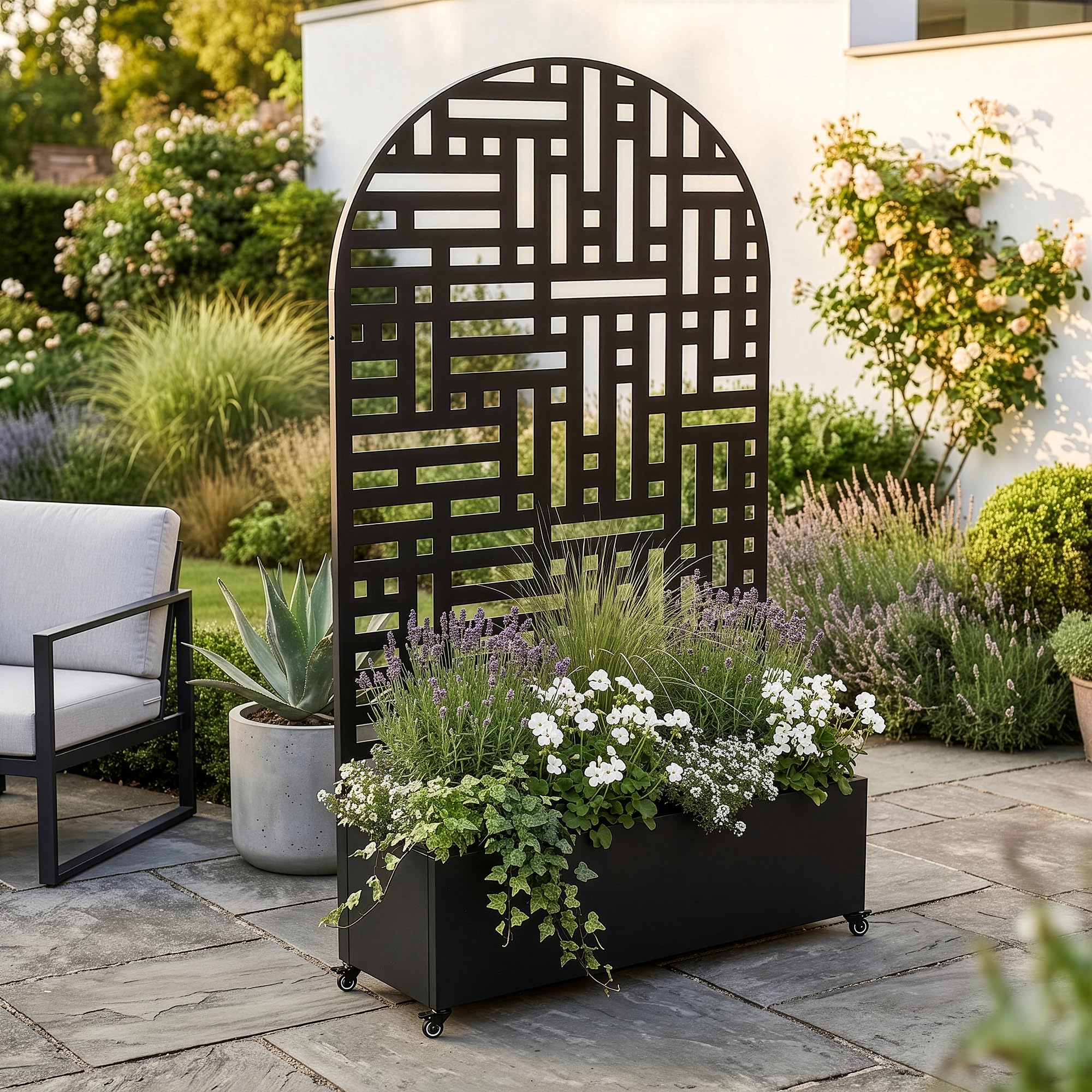 casa.pro Cloison avec Jardinière Bernalda en Forme d'arc 190x120x38 cm Noir | bac à fleurs résistant, protection contre les regards, séparateur avec roulettes, freins de blocage