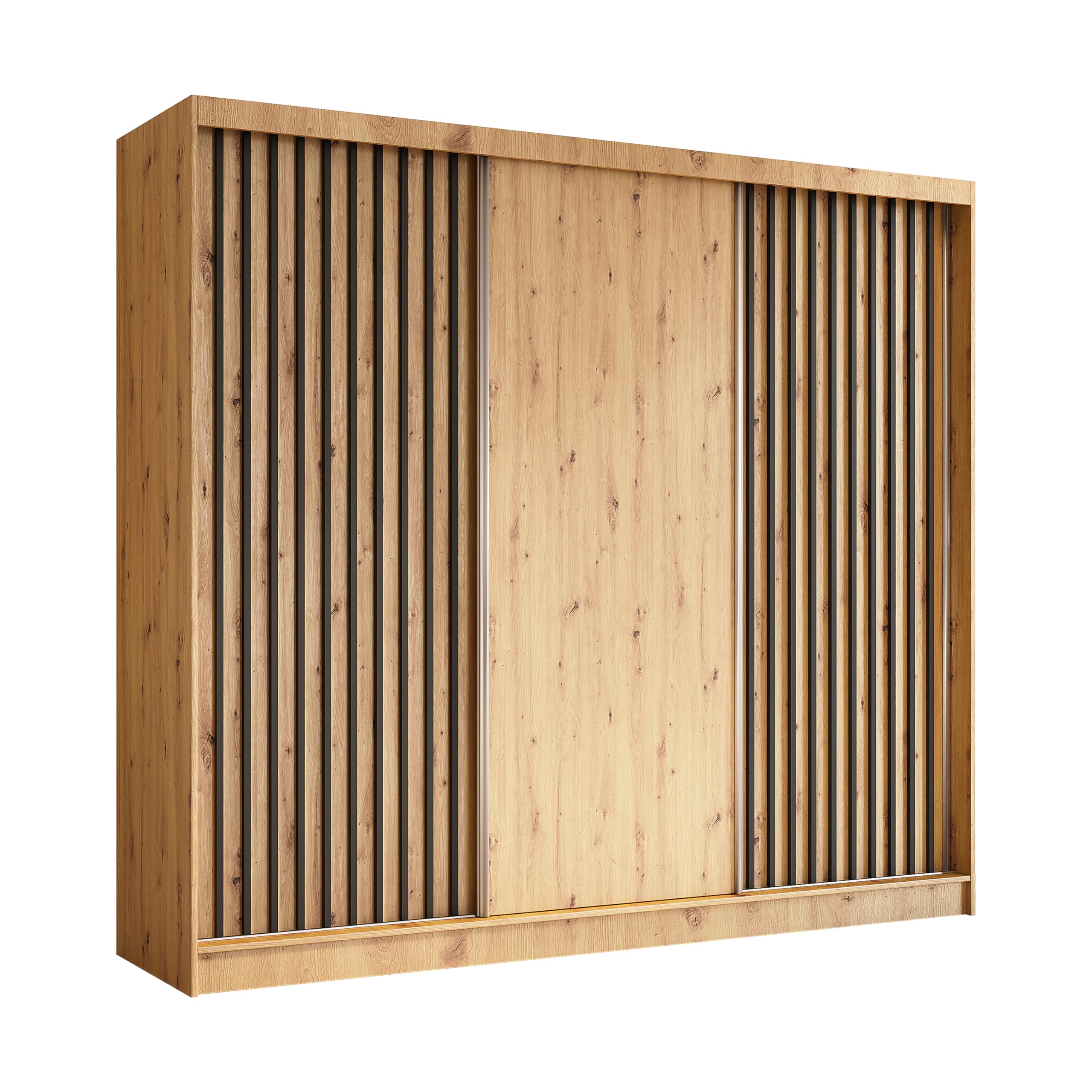 Margaret Hadas24 Kleiderschrank Erika mit Lamellen ohne Spiegel, Organizer, Mehrzweckschrank, Schwebetürenschrank, Garderobenschrank, Kleiderstange, Kleiderständer, Flurschrank, 240 cm, braun, schwarz