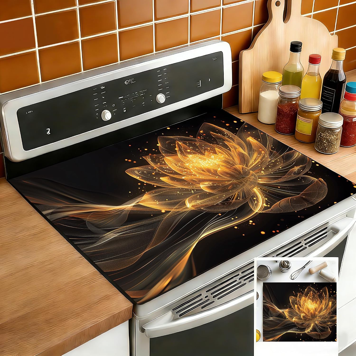 Stove Top Covers for Electric Stove 28 x 20 Inch, Blue White Floral Butterfly Stove Cover Protector, Heat Resistant Glass Cooktop Countertop Cover (Pearlescent Flower & Butterfly Art)