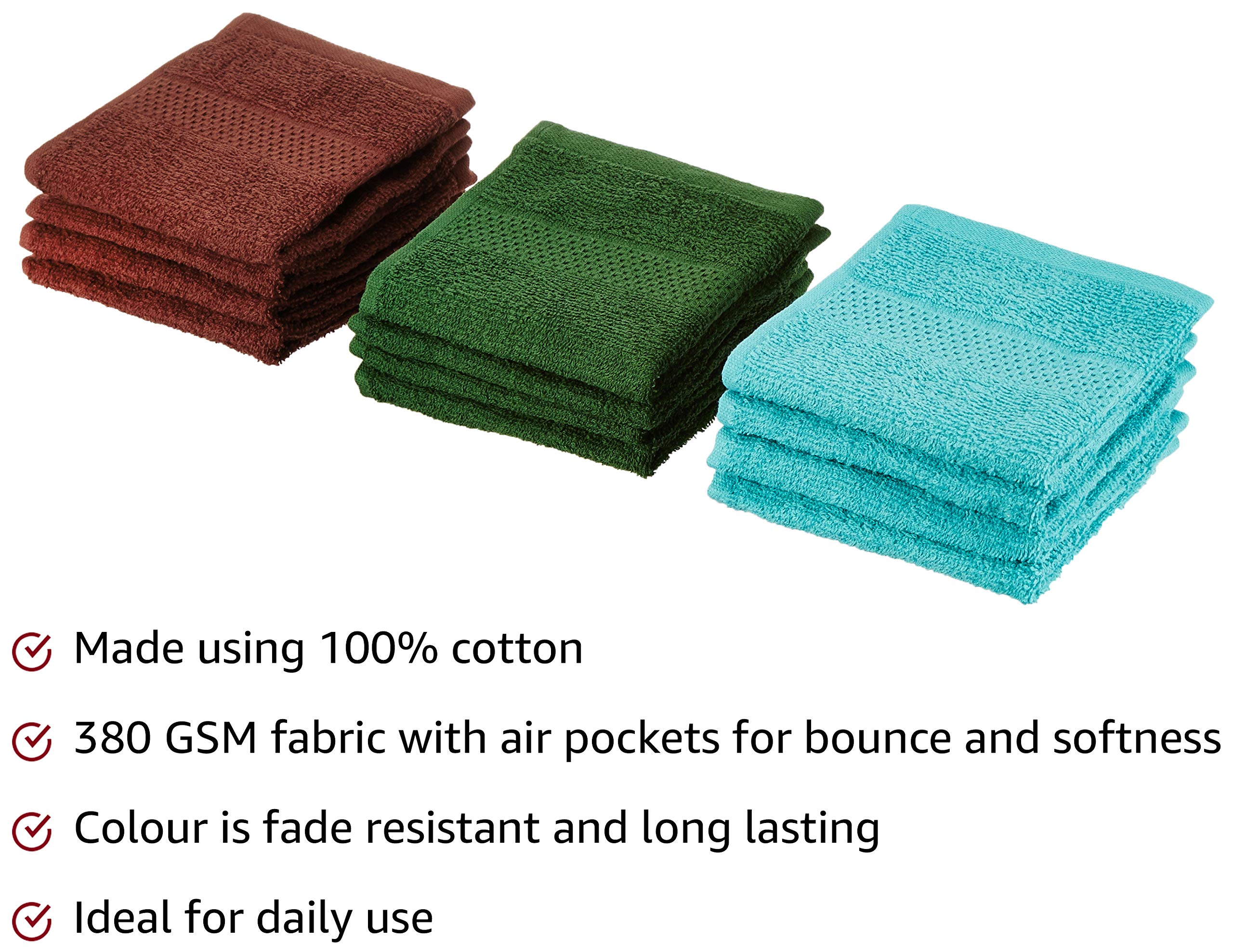 Solimo Cotton 12 Piece Face Towel Set, 380 GSM (Baltic Blue, Mint Green, Brick Red)