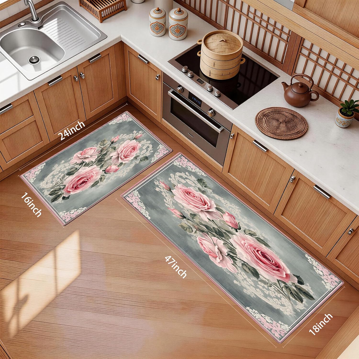Kitchen Mats, 2PCS Kitchen Rugs, Non-Slip Washable Stylish Runner Mat for Kitchen, Hallway, Entryway - Ideal for Families and Homeowners, Anti-Fatigue Floor Decor (Pink Rose, 16"x24"+18"x47")