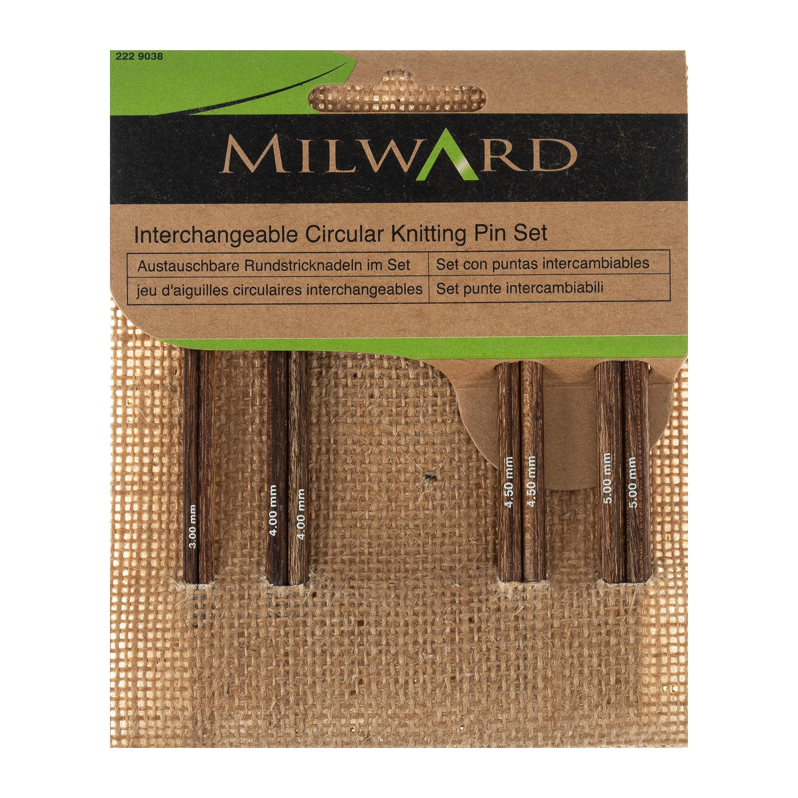 Milward Austauschbares Stricknadel-Set – Jutebeutel für Stifte und Kabel, Stopper, Verbindungsstück – 100% Jute-Druckknopfetui – 10,5 cm x 3,4,4,5,5 mm