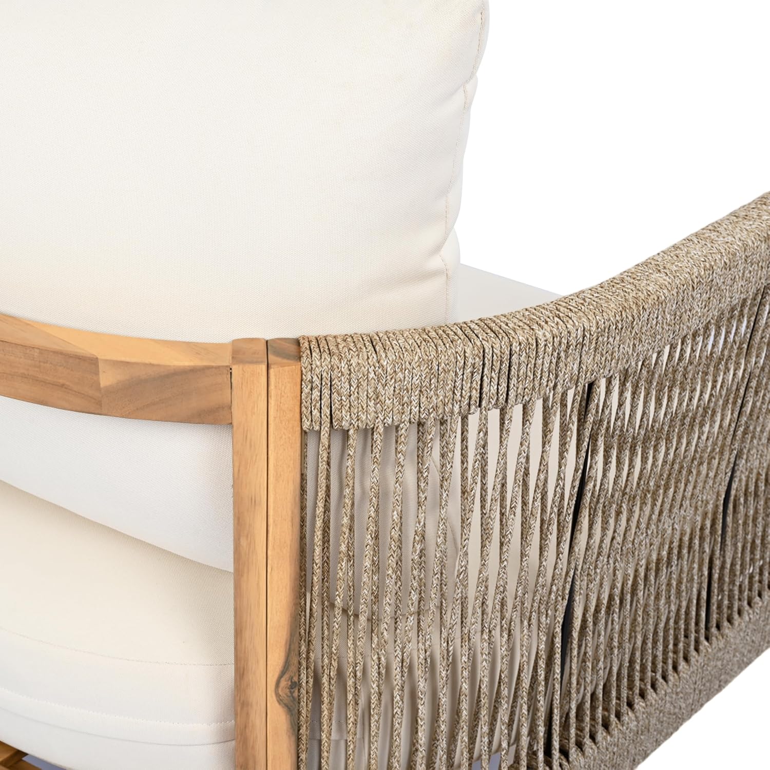 Christopher Knight Home Havets 77"W Outdoor 3 Seater Sofa, 6" Thick Cushion Couch, Acacia Wood Bench Sofa, Comfy Woven Rope Armchair, Spacious Seating Bench Couch for Backyard Garden Porch, Teak+Beige