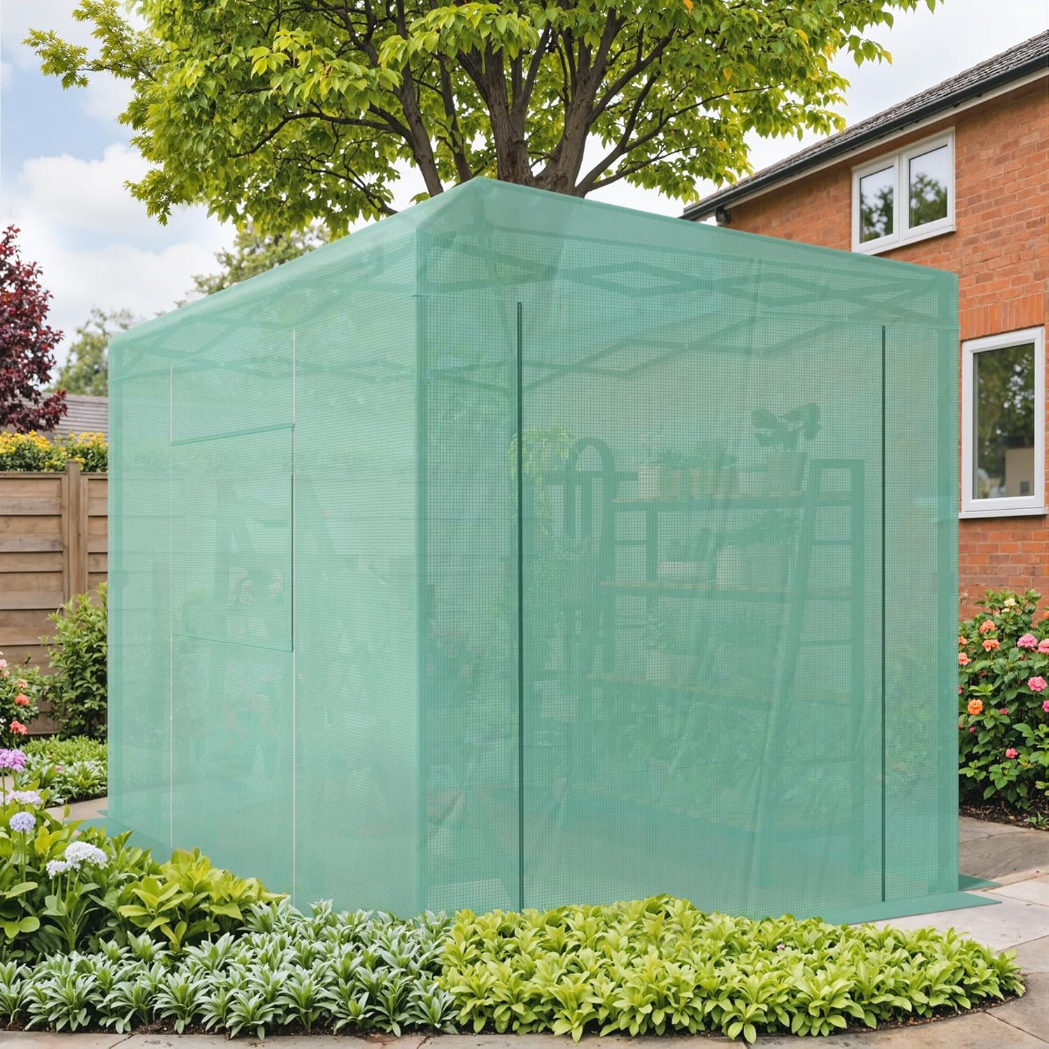 Devoko Walk-in Greenhouse, Instant Pop Up Green House for Outdoors with Zippered Door and 2 Roll-up Windows, PE Cover, Portable and Easy Assemble (Green, 8x6 Feet)