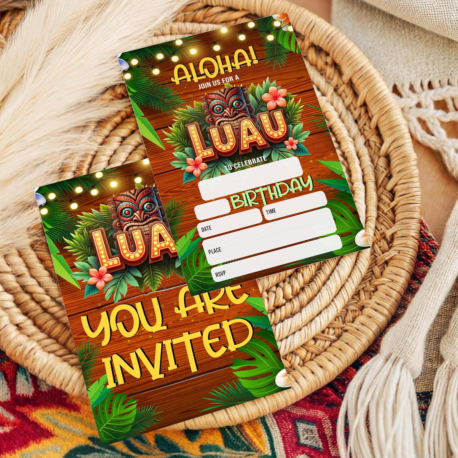 アロハ ルアウ 誕生日パーティーの招待状、アロハ トロピカル 夏 誕生日の招待状 男の子 女の子 キッズ 両面招待状20枚 封筒付き