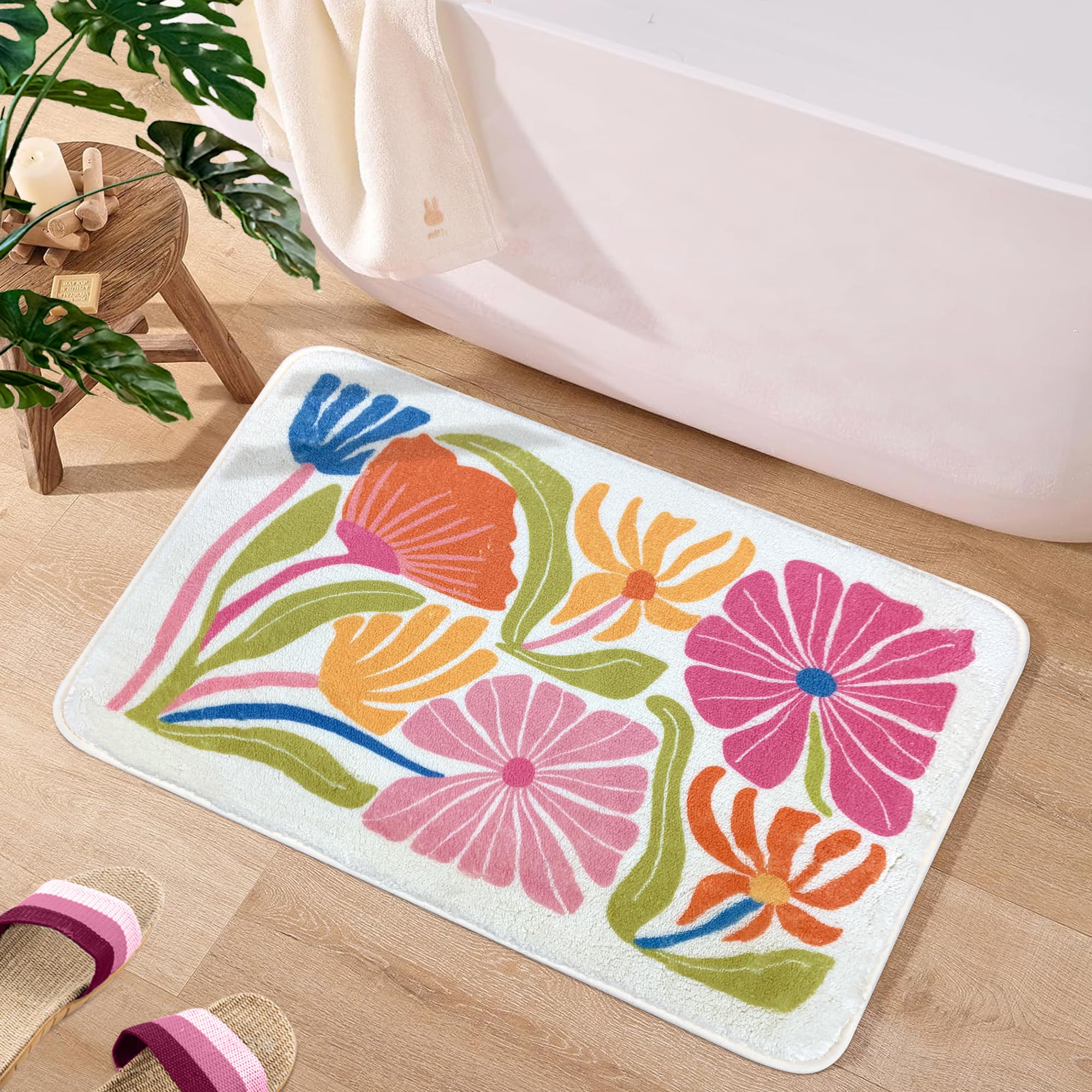 SHIYUE Cute Flower Abstract Art Bath Mat for Bathroom Rugs, Ultra Soft and Fluffy Microfiber Water Absorption Non Slip Mat for Bedroom Bathroom(18"×26