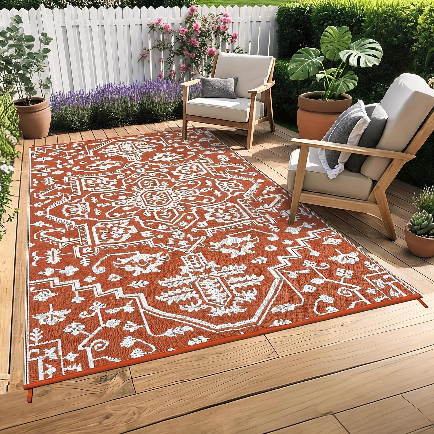 Garvee Outdoor Rug 6x9 Waterproof Patio Rugs Modern Line Geometric Reversible Mat for Front Door Rv Foldable Plastic Straw Carpet for Travel Trailers, Deck, Porch, Camper, Balcony, Beach，Green/White
