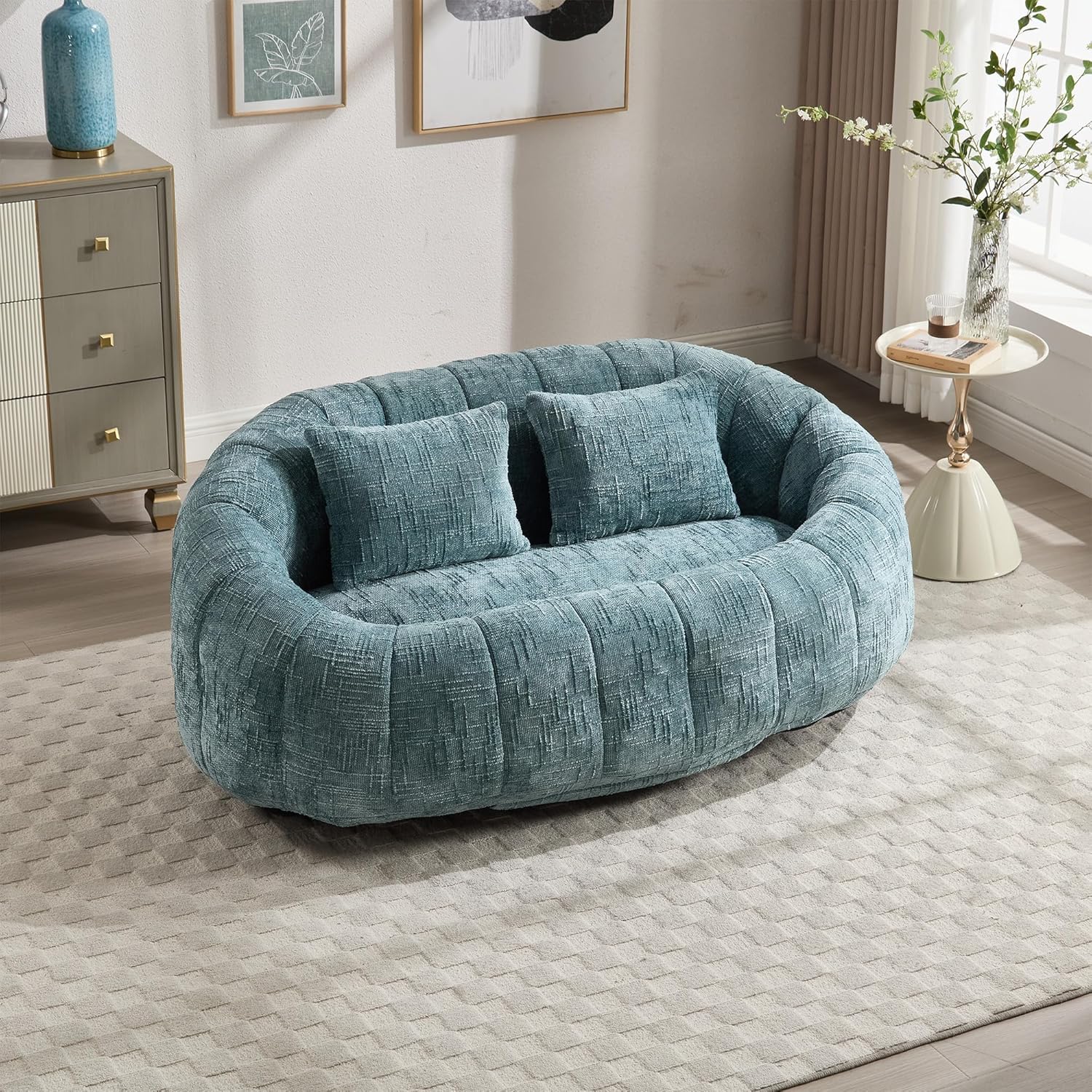 Bean Bag Sofa, Comfy Loveseat Couch with 2 Pillows, Soft Giant Bean Bag Chair, Cozy Round Lazy Sofa with Wide Backrest for Living Room, Reading Room and Bedroom, Teal