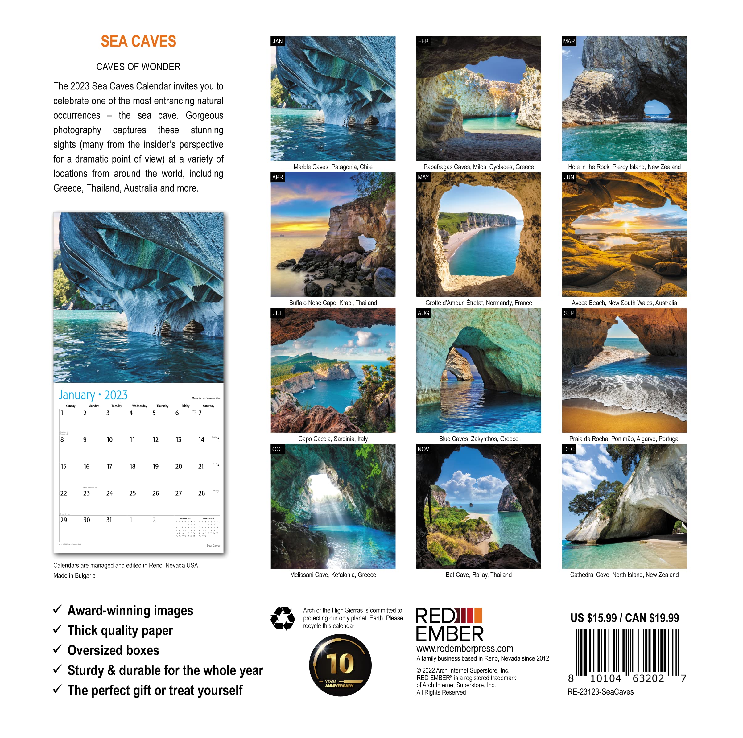 【海月ページ】 Amazon | RED EMBER 海の洞窟 2023年 壁掛け式 月次壁掛けカレンダー