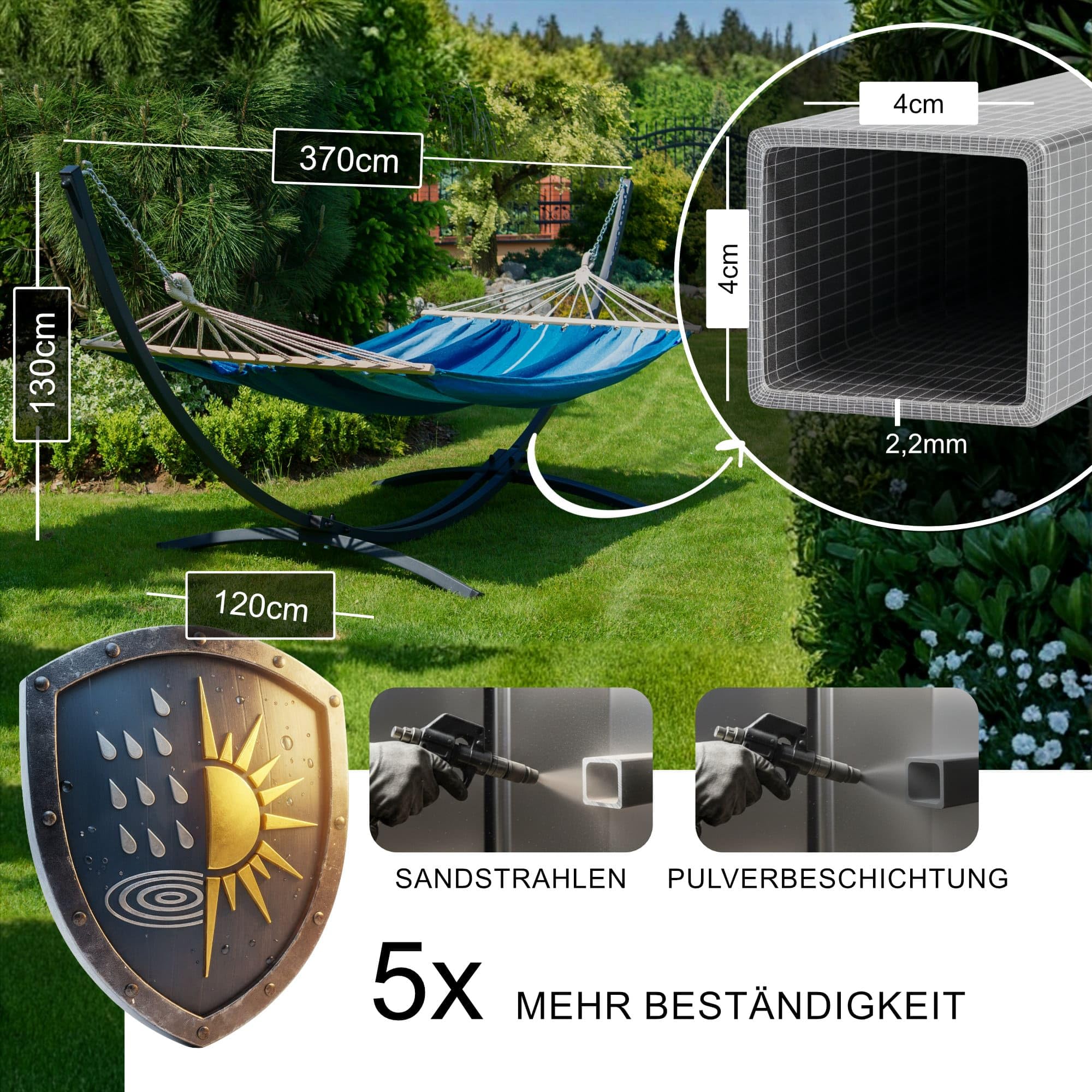 Potenza Outdoor Hängematte mit Gestell für 2 Personen I Stabhängematte XXL 220x160, 200kg I Hängemattengestell 220kg Wetterfest (Blau, Basic Gestell Graphit)