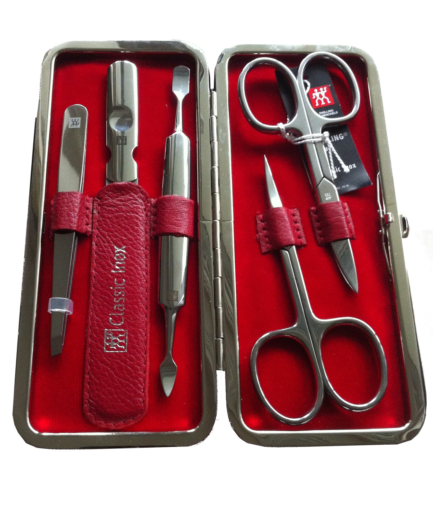 Zwilling 97457-035 Classic Inox Manicure-Etui (5-teilig), Leder-Rahmen-Etui (rot), Instrumente vernickelt