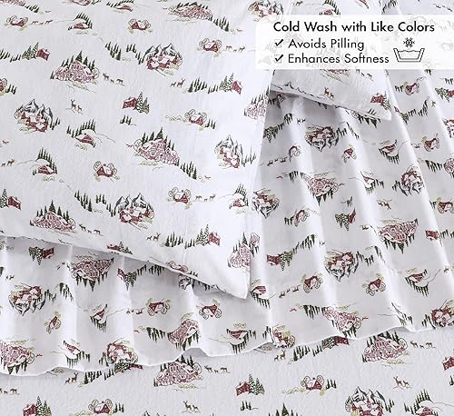 Vista 45 de RUVANTI Juego de sábanas de franela 100% algodón, tamaño matrimonial, 4 piezas, Alpine Serenity Serenidad alpina