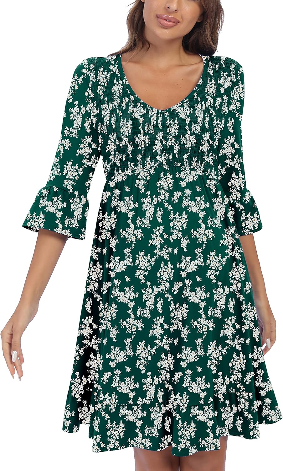3/4 Sleeve Maternity Dress, V Neck Fall Casual Smocked Flowy Midi Dress for Baby Shower Photoshoot