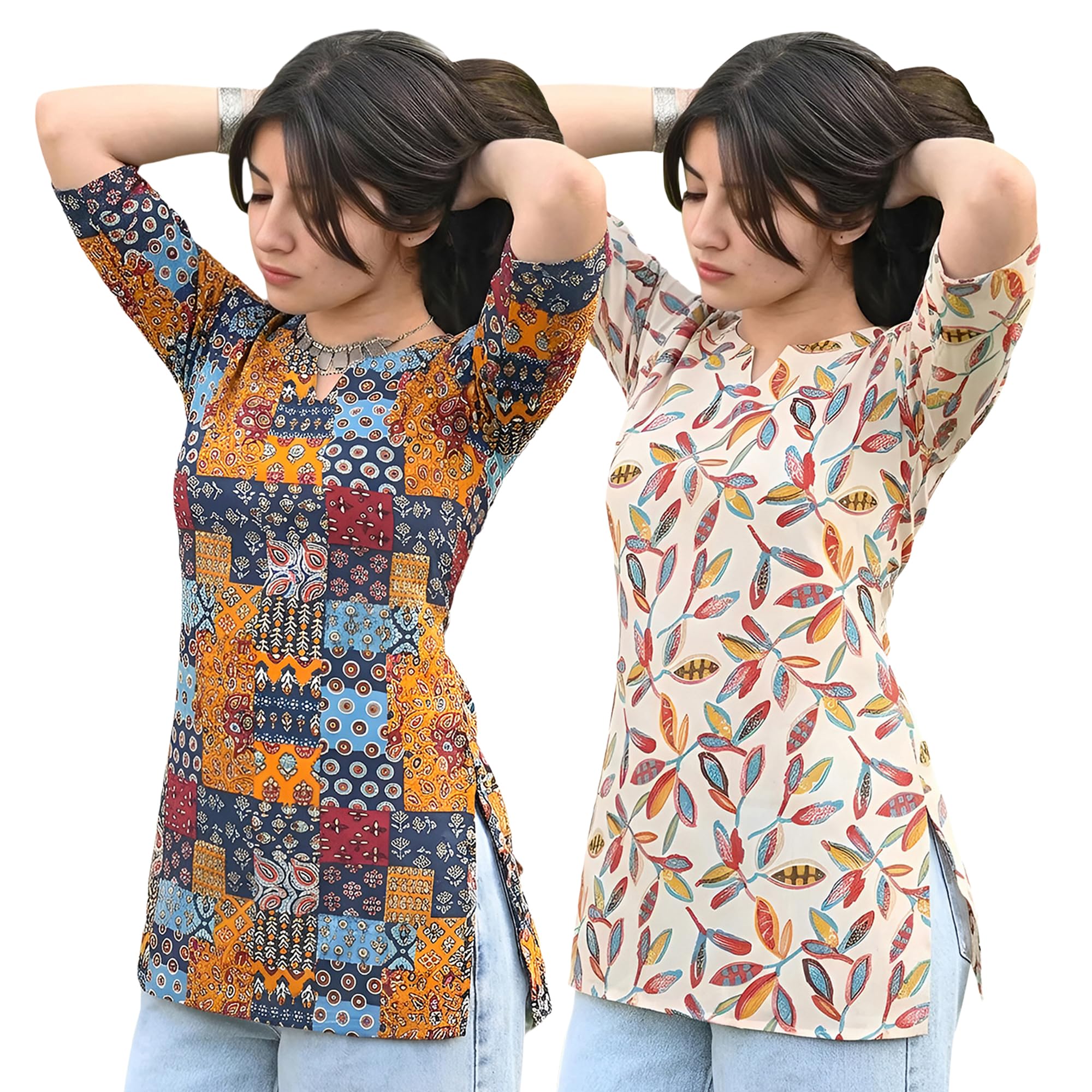 pinkmint Women's Cotton Blend Printed Short Kurti, Hip-Length Ethnic Tunic for Women, 3/4 Sleeve Notch Neck, Casual, Office (Available in Plus Sizes & Combo Pack 2)-picture-14