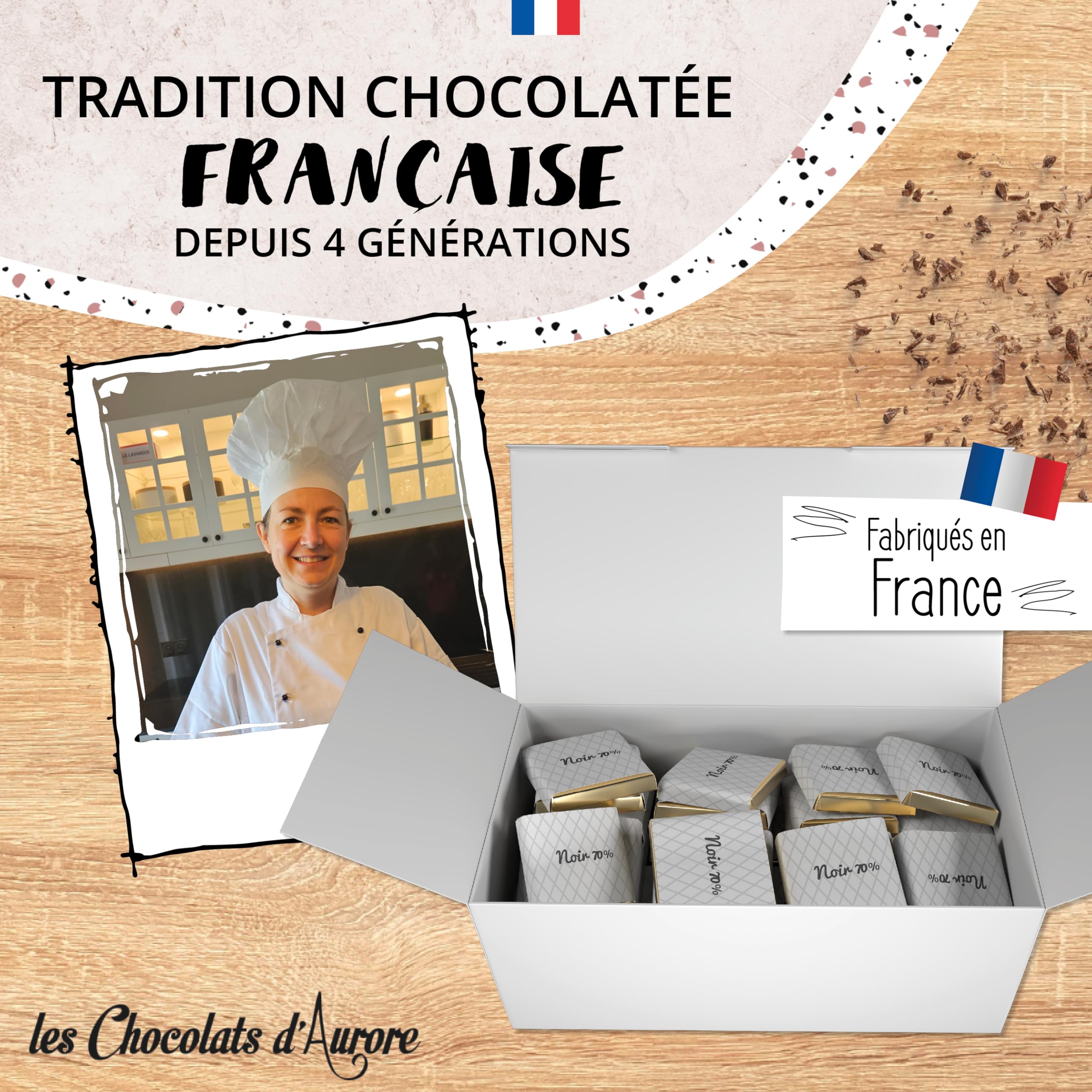 Coffret de Chocolats - Boîte de 70 Carrés de Chocolat Individuels Noir 70% à Déguster ou Offrir - 100% Pur Beurre de Cacao - Fabriqué en France - 350 Gr