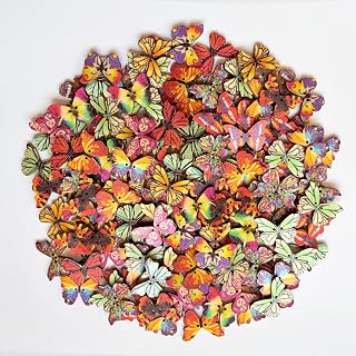 50 Pcs Single-Sided Multicolor Vintage Wooden Buttons, Butterfly-Shaped, 28x20mm(1.1x0.78in), Assorted Floral Patterns, Ideal for Sewing, Knitting, Crocheting & Scrapbooking, Style 1