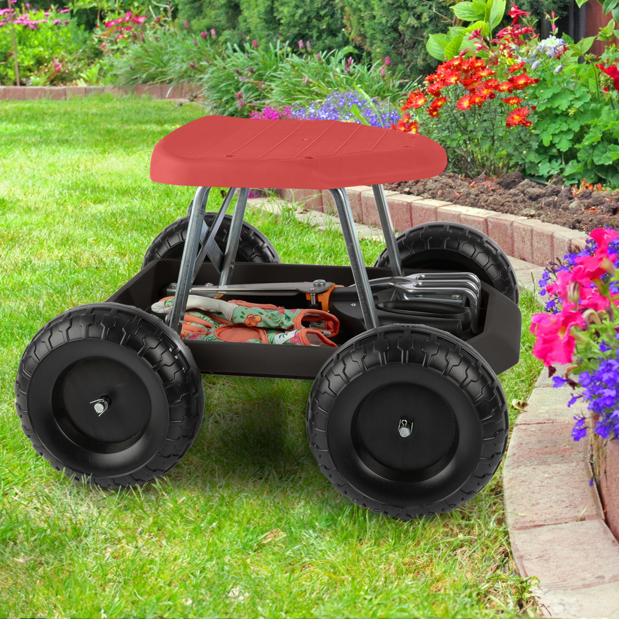 Kinbor With Wheels Rolling Work Seat With Tool Tray Heavy Duty Scooter  Gardening Planting Garden Cart, image size:2400x2400