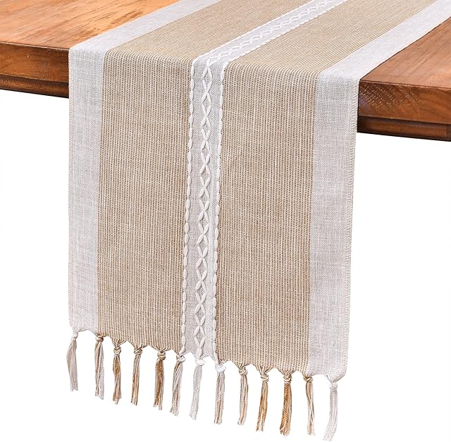 Wracra Embroidery Cotton Linen Table Runner Indoor Outdoor Farmhouse Style Coffee Table Runner 180cm with Hand-tassels for Party Dining Kitchen Decorations(Coffee, 180cm)