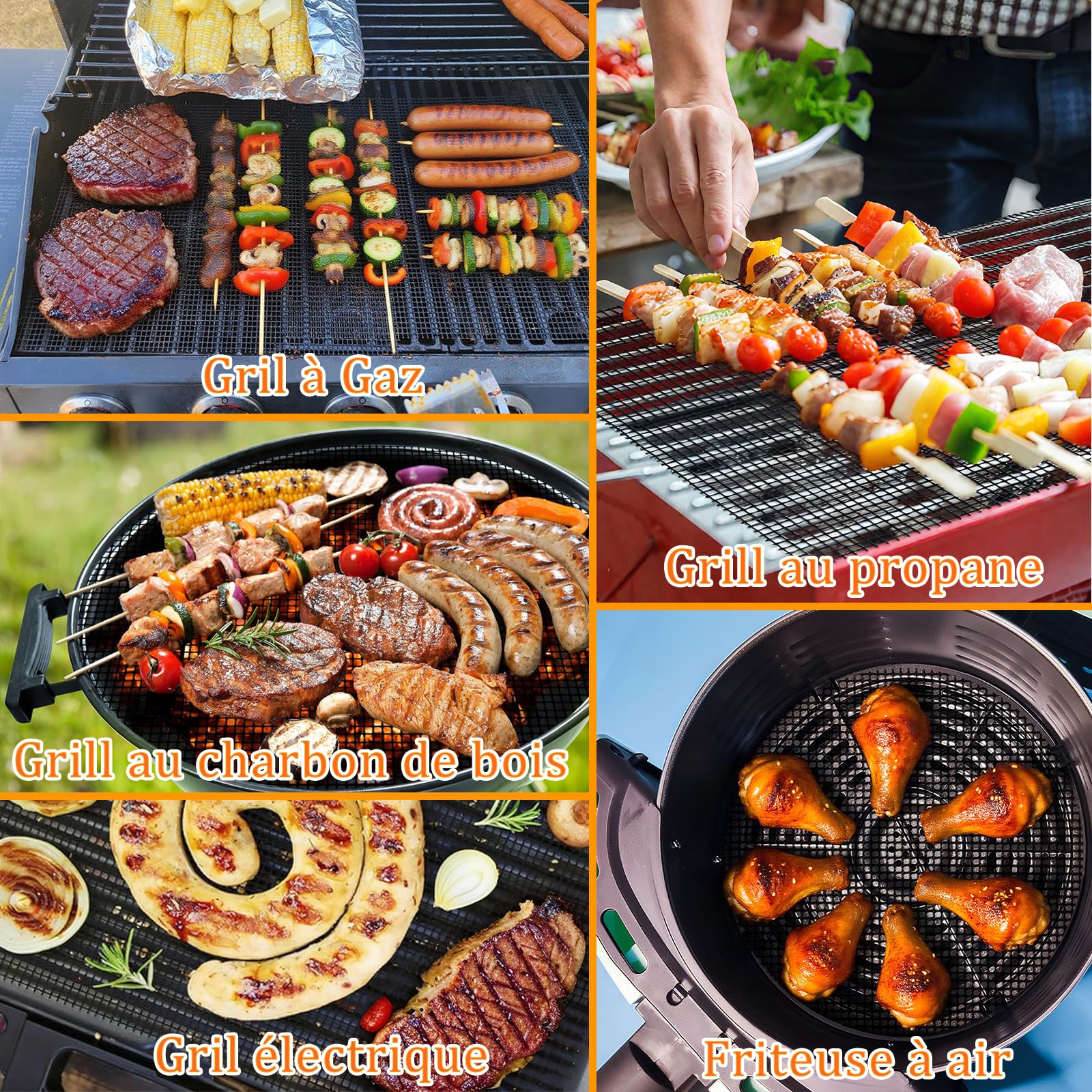 Grille Barbecue découpable 42x36 cm Tapis de Cuisson Réutilisables Anti-adhésif pour Gril électrique Gaz Charbon