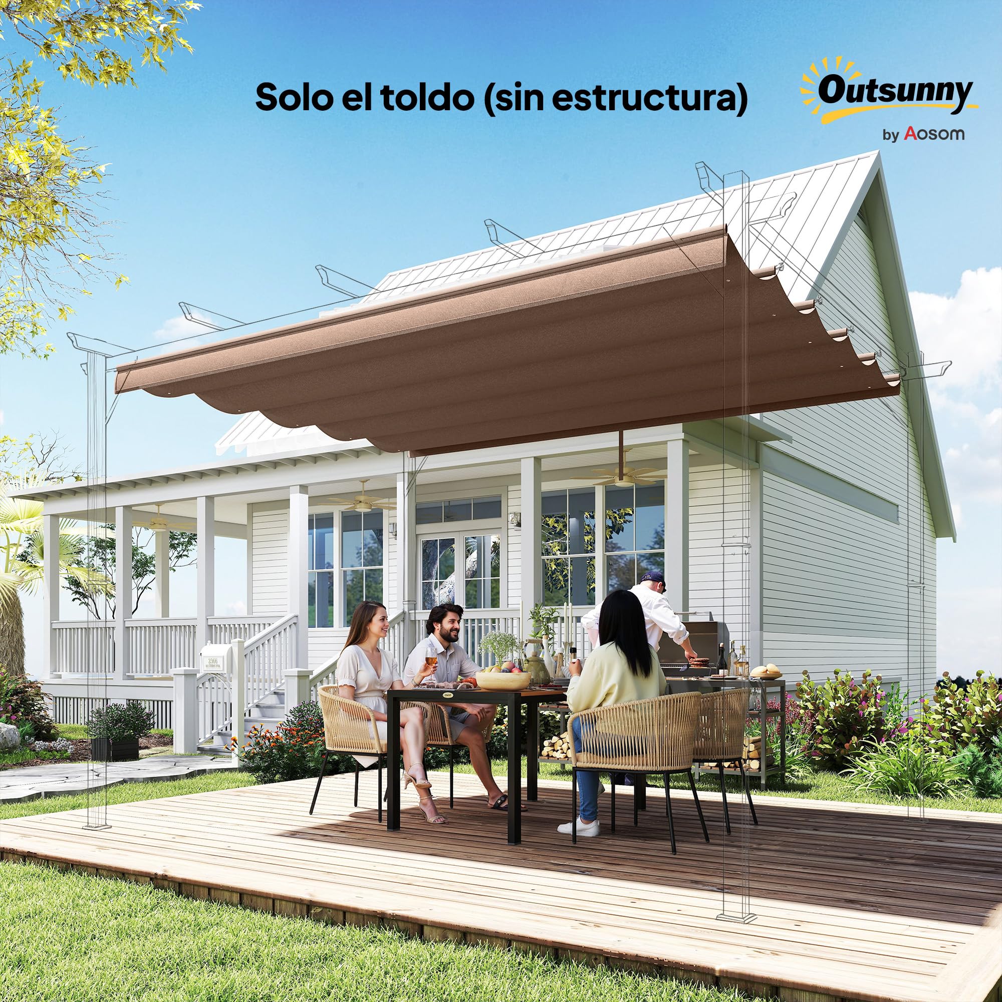 Outsunny Techo de Pérgola 3,5x2,6 m, Techo de Repuesto Retráctil para Marco de Pérgola de 4x3 m, UV30+, Toldo de Tela Solo para Cenador Jardín con 10 Orificios de Drenaje, Café