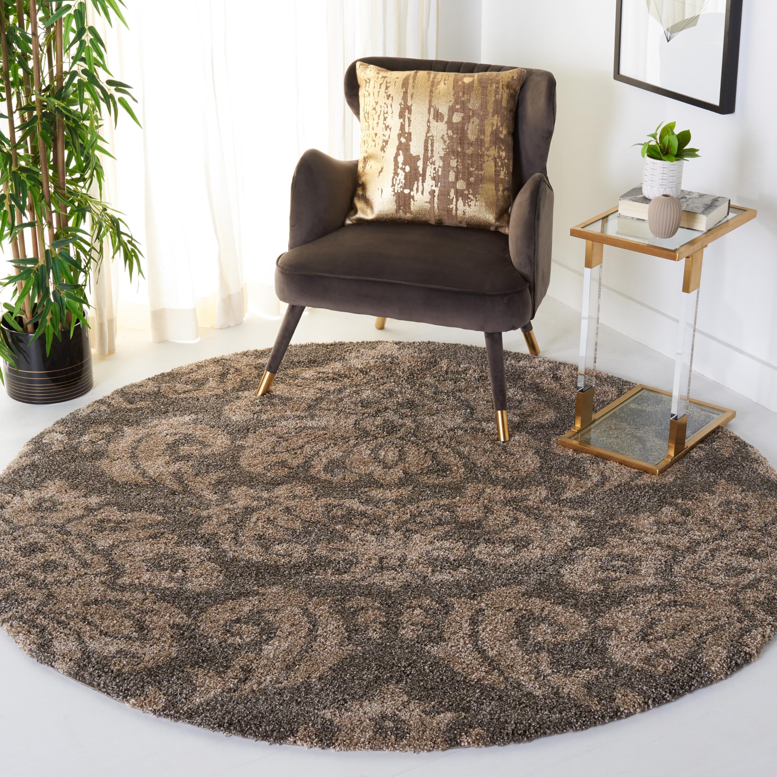 Florida Shag Collection Area Rug - 5' Round, Smoke & Beige, Damask Design, Non-Shedding & Easy Care, 1.2-inch Thick Ideal for High Traffic Areas in Living Room, Bedroom (SG460-7913)