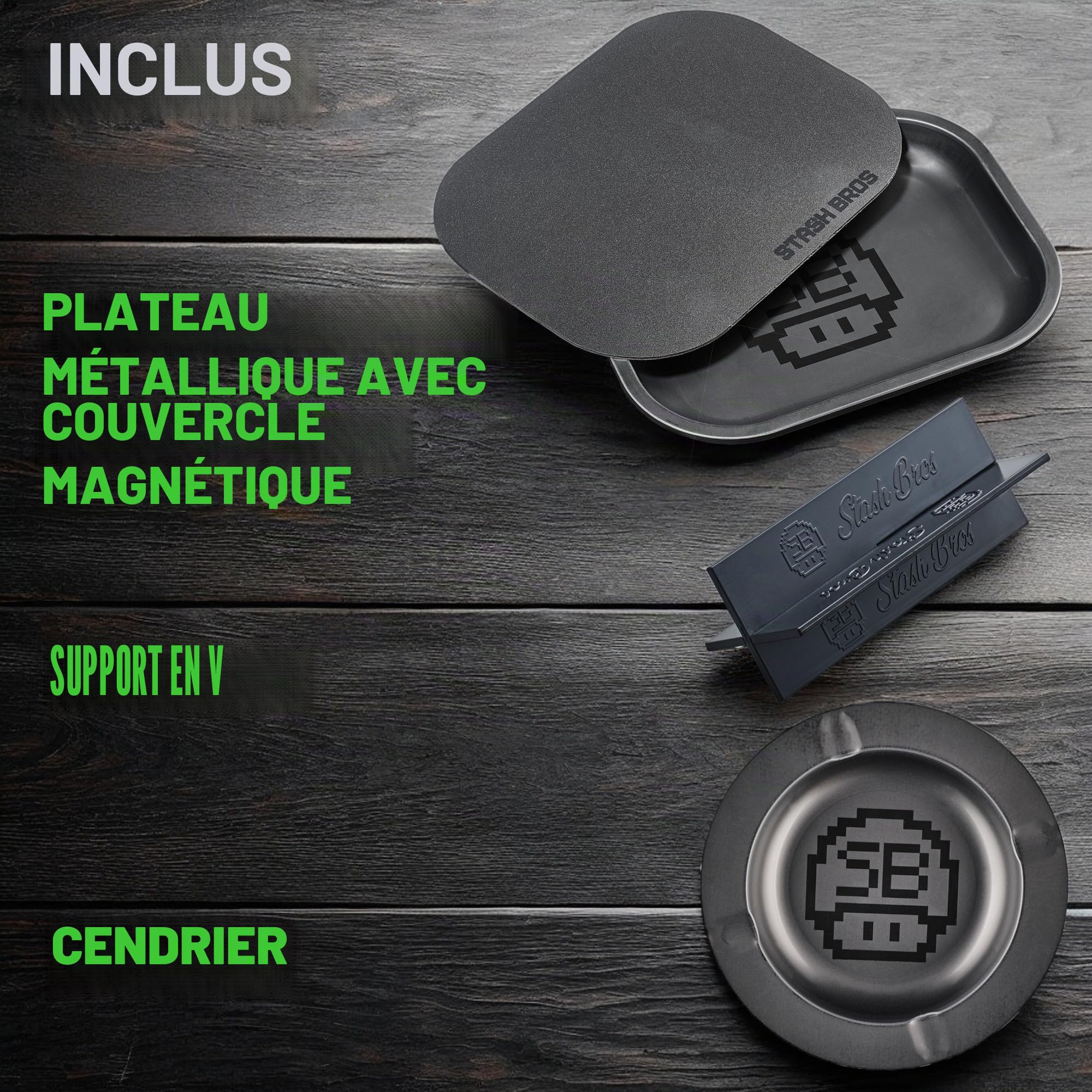 Stash Bros Plateau à rouler avec couvercle magnétique, kit de roulement avec support en V, plateaux à rouler, plateau à rouler