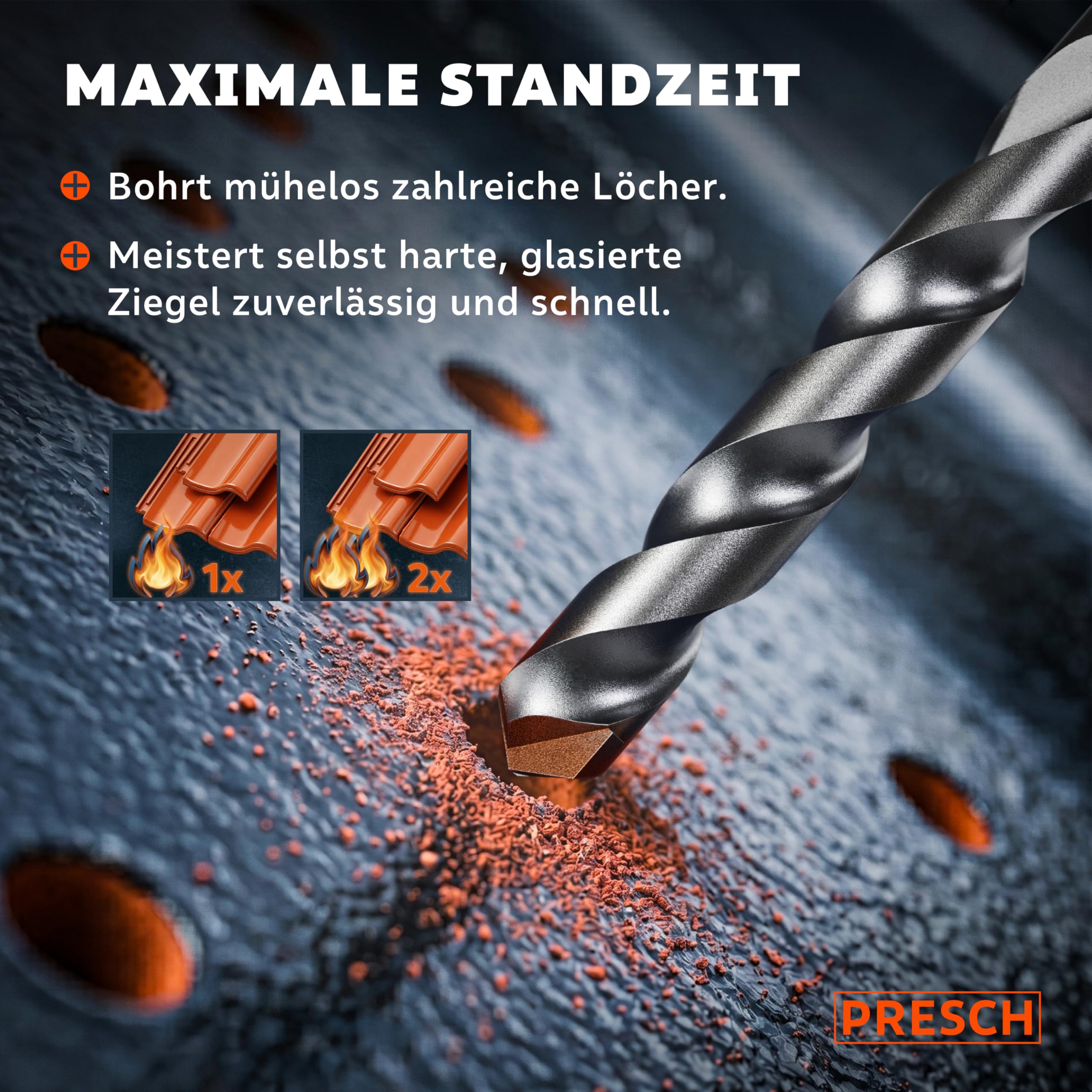 PRESCH Dachziegelbohrer 5mm (10 Stk.) – Rissfreie Bohrungen in härtesten Dachpfannen - Dachpfannenbohrer mit Sechskantschaft & Hartmetallspitze – Extrem robuste Fliesenbohrer, Steinbohrer etc.