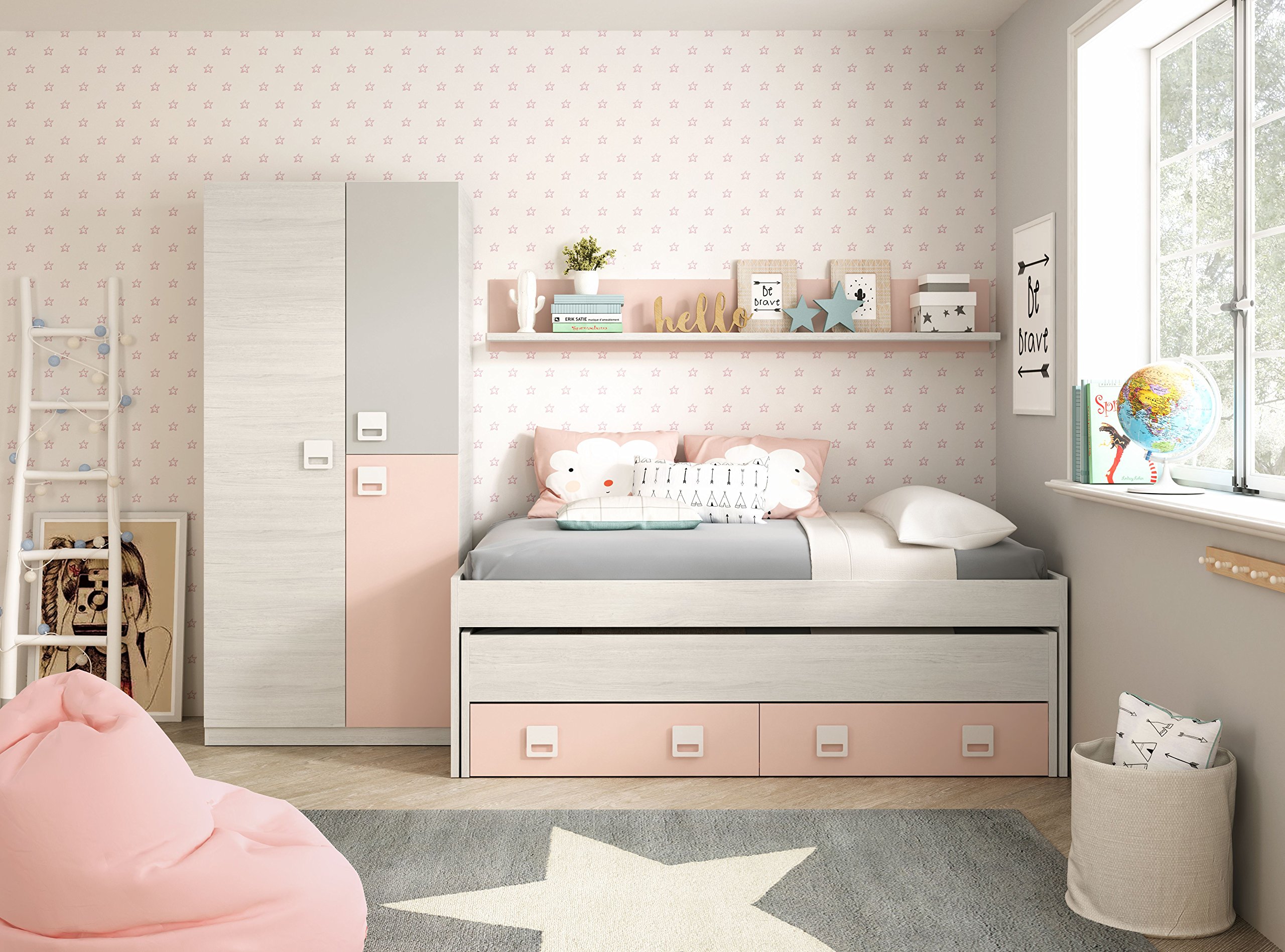Pack Dormitorio Infantil, Juvenil, Cama Nido + Armario Ropero y Estante Rosa y Blanco