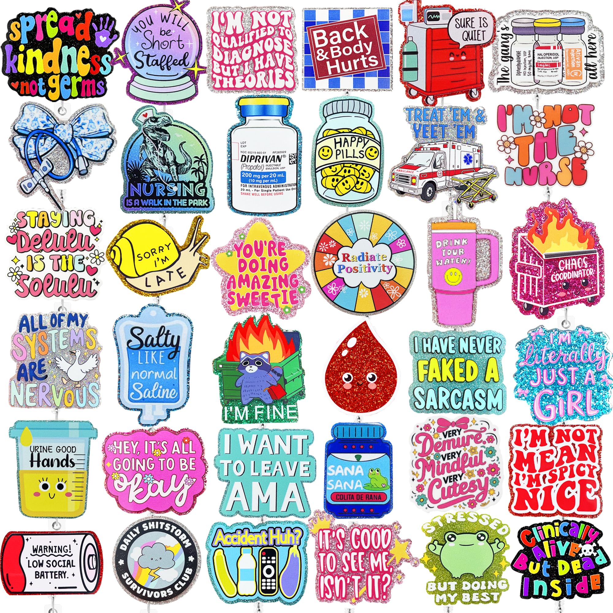 Hotlea 36 PCS Nurse Badge Reel Bulk Funny Retractable Badge Holders with Alligator Clips RN ICU MA LPN Badge Buddy Nursing Students Badge Accessories