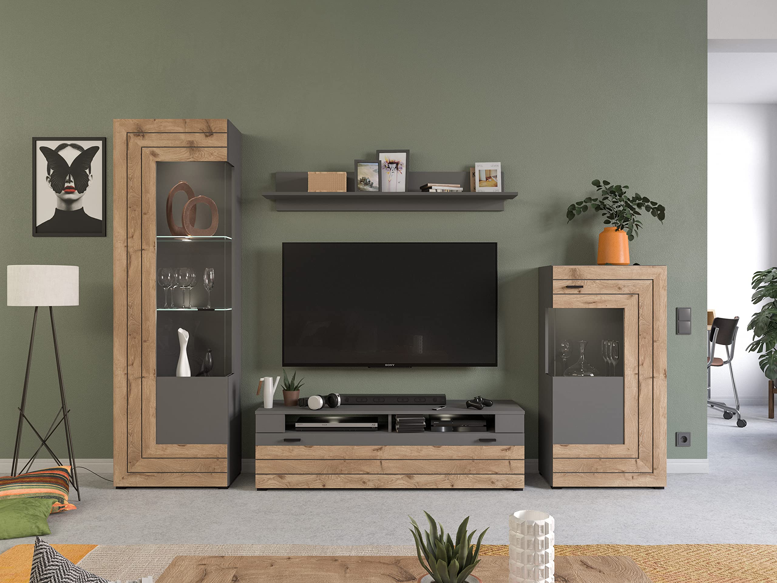 xonox.home - 4tlg. Kombination Freno 40x290x194 cm in grau Nb Absetzung Nox Oak Nb - Wohnkombination Wohnwand Wohnzimmermöbel Wohnzimmerschrank - modern und funktional