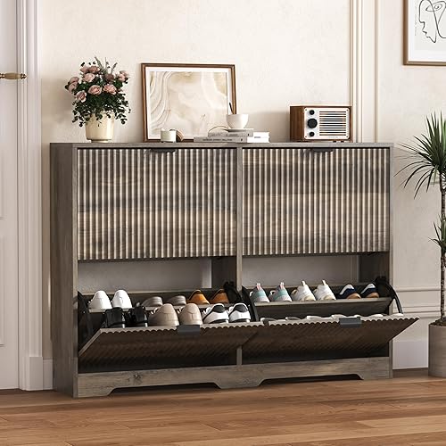 Miniatura 14 de Armario de zapatos para entrada con 3 cajones abatibles, armario de zapatos blanco acanalado con estantes ajustables, zapatero oculto de madera