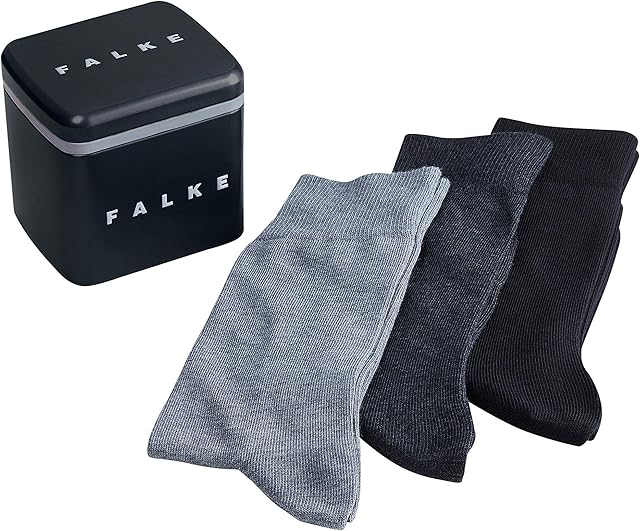 FALKE Men's Happy Box 3-Pack Socks Cotton Black Grey Blue Plain To Wear All Year Round With Casual Or Dress Looks Or At Work Multipack 3 Pairs