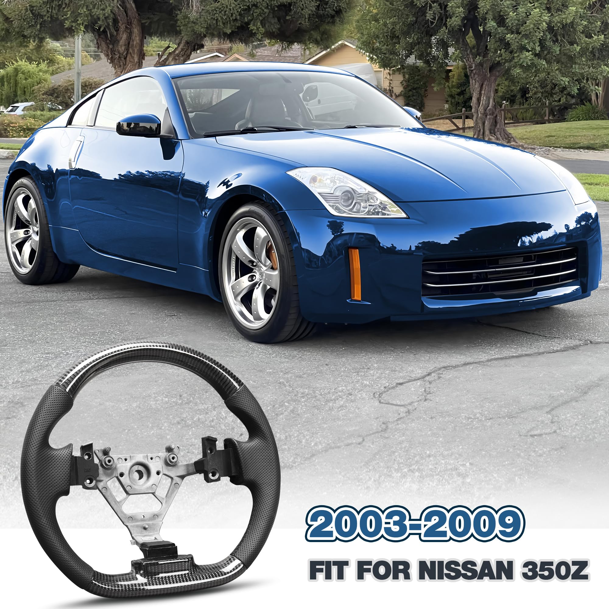 POFENZE Carbon Fiber Steering Wheel For Nissan 350Z 2003-2009 Nappa Perforated Leather D-shaped Flat-bottom Grip Hand-Stitched Steering Wheel