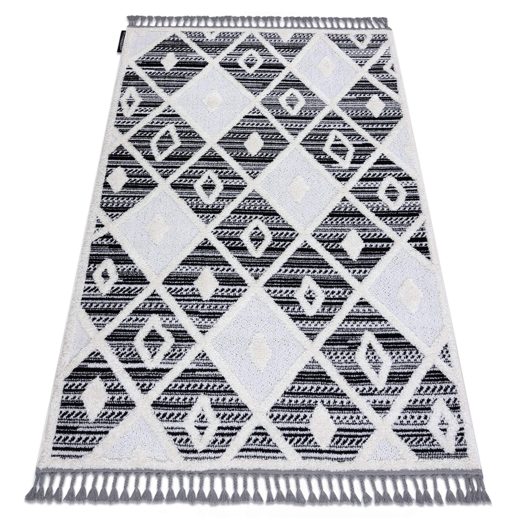 Tapis shaggy noir et blanc 160x220 à diamants pour un salon cosy