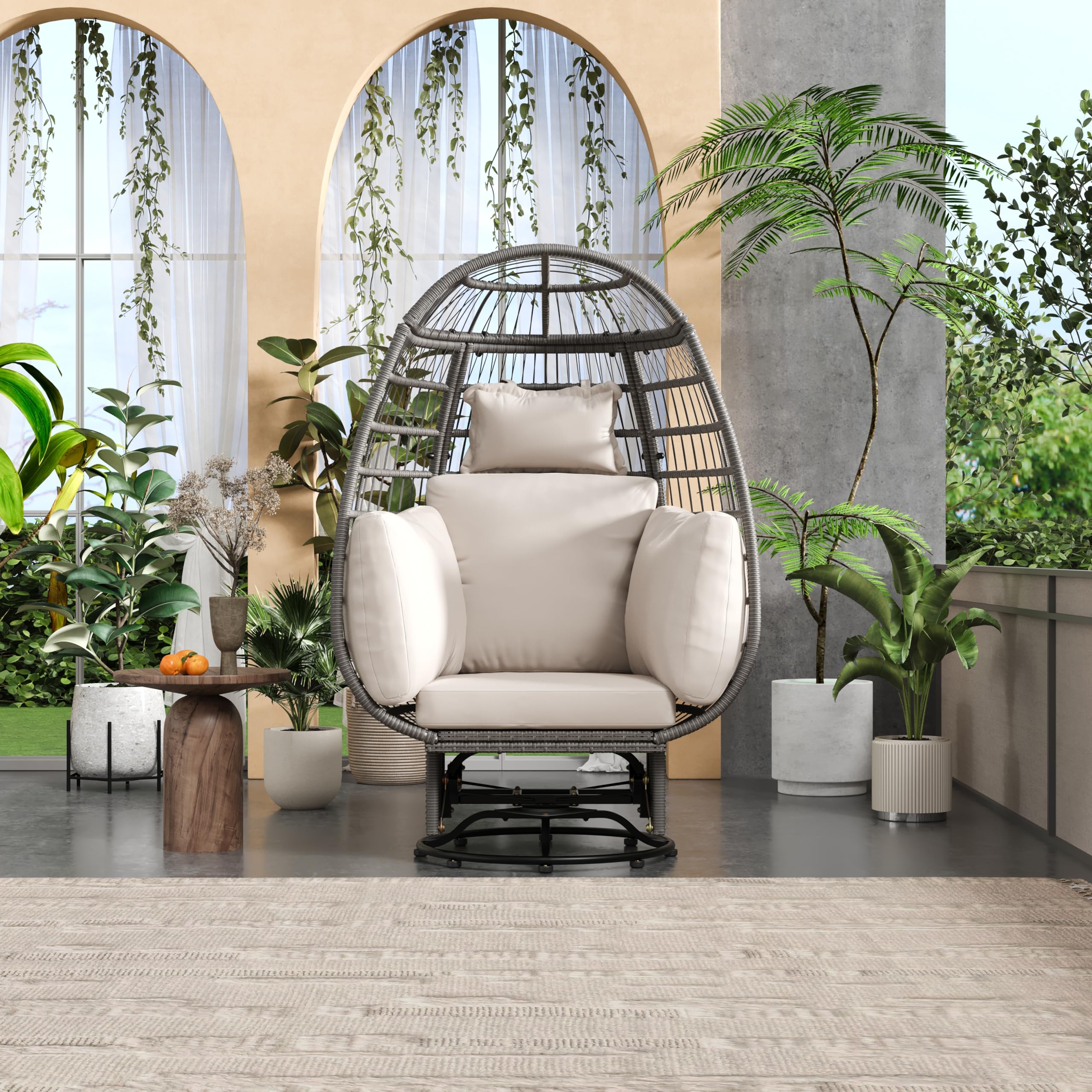 TREXM Outdoor Swivel Chair with Cushions, Rattan Egg Patio Chair with Rocking Function for Balcony, Poolside and Garden (Grey Wicker + Beige Cushion)
