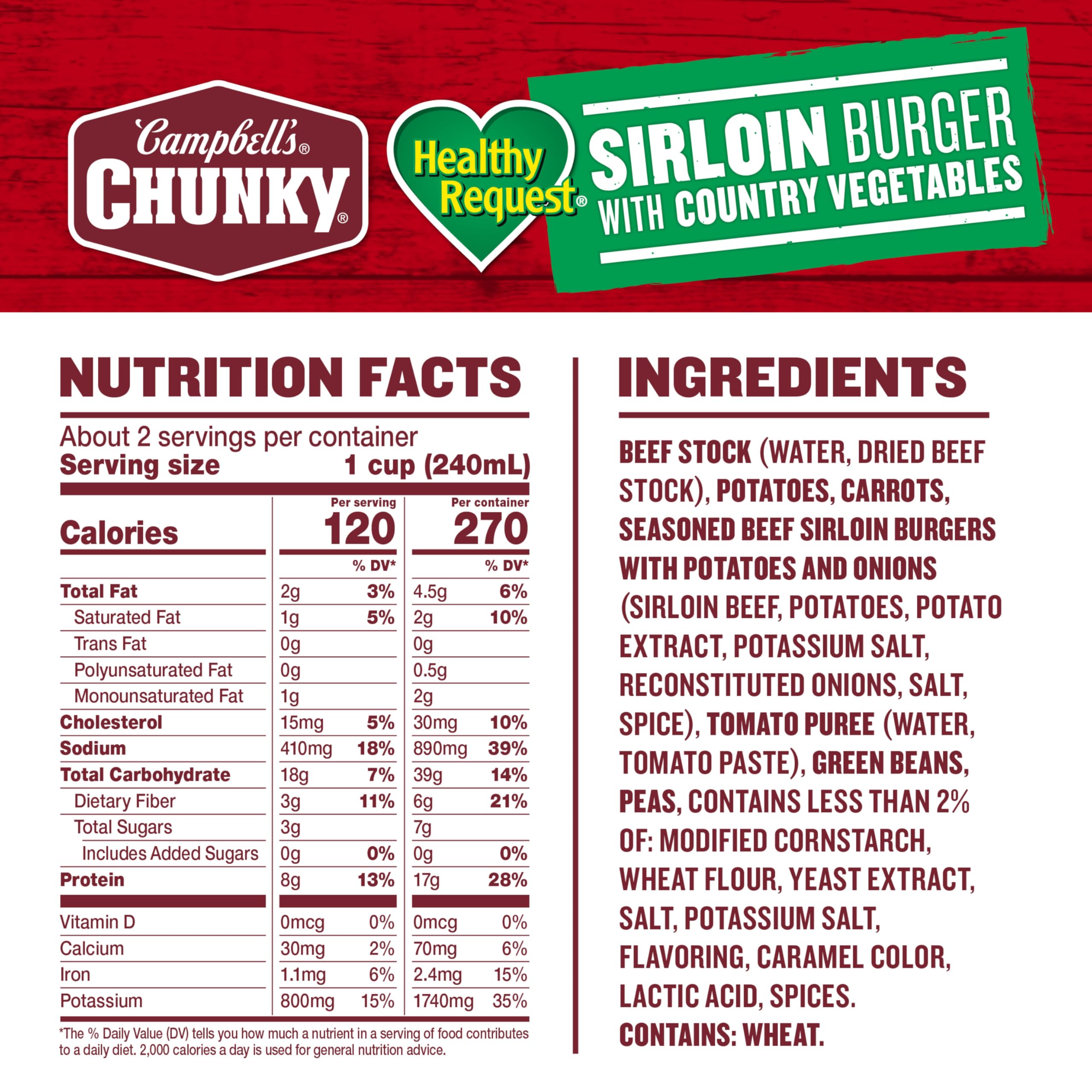 Campbell's Chunky Healthy Request Sirloin Burger With Country Vegetables Beef Soup, 18.8 oz Can
