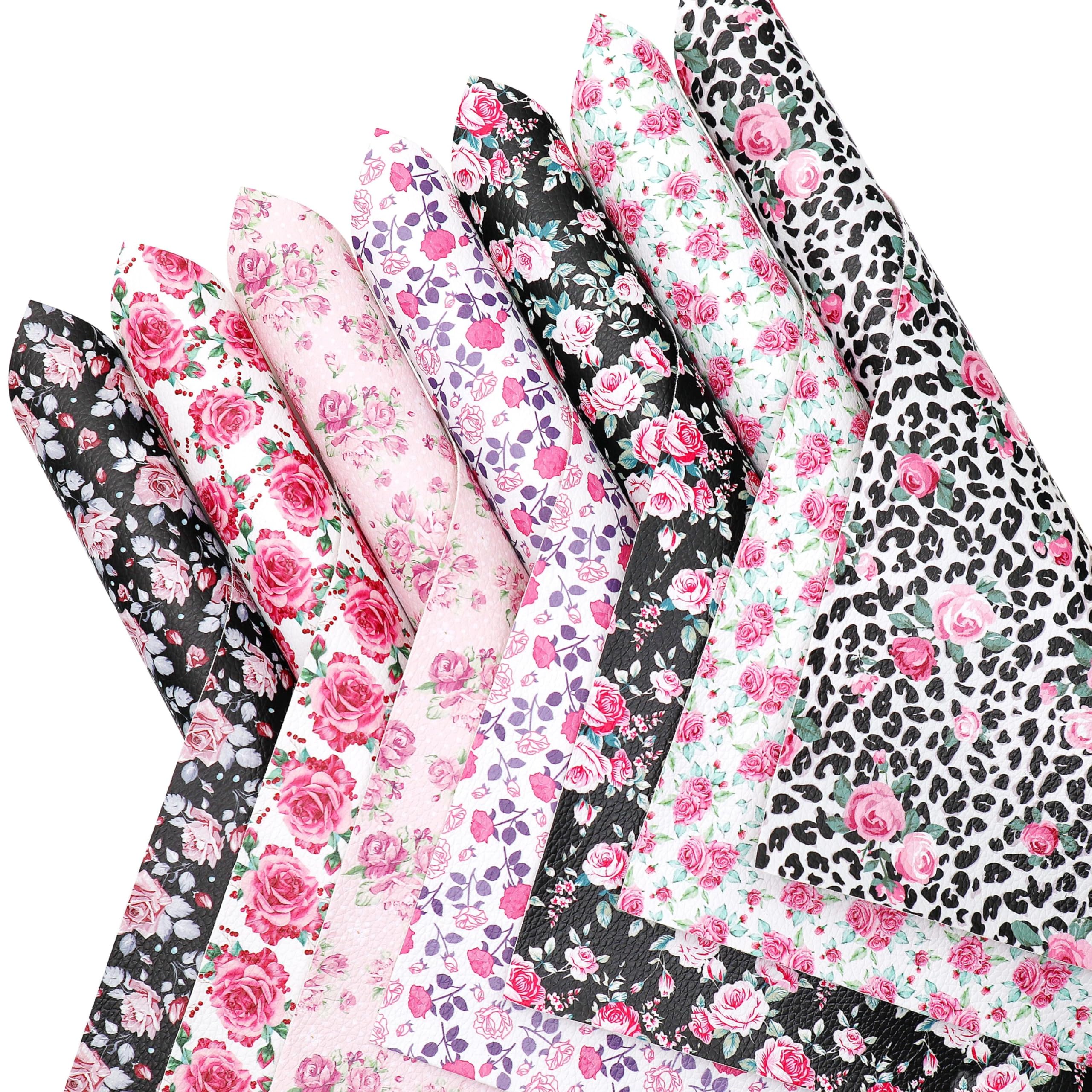 CraftsFabric 7pcs Floral Printing Synthetic Vinyl Faux Leather Fabric Bundle Width 8" x12" for Bags, Hair Bow, Leather Keychains, Purse Wallets Making Upholstery Decoration (Rose Flower)