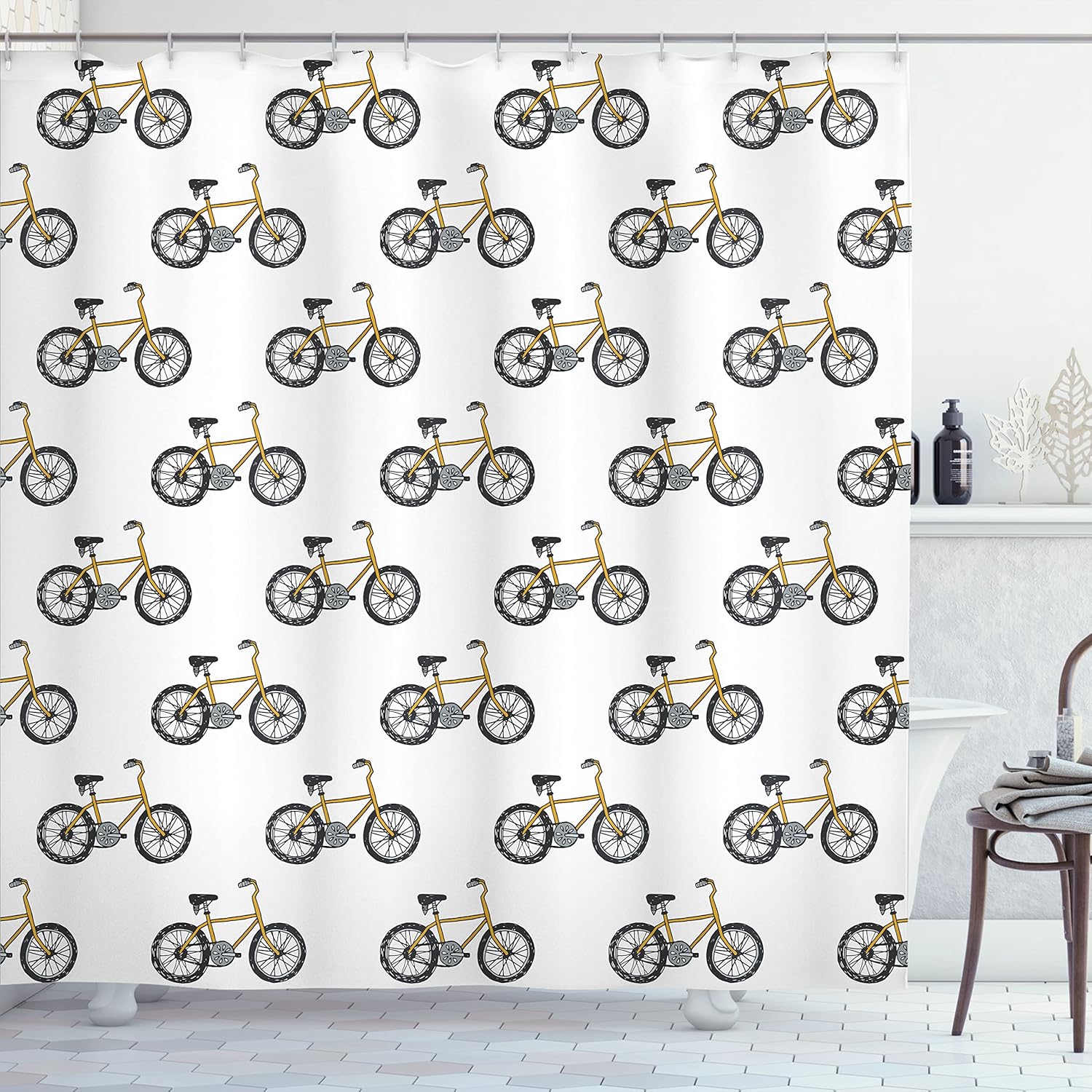 Ambesonne Bicycle Shower Curtain, Hand Drawn Doodle Cycling Theme Pattern of Yellow Bike Leisure Hobby Street Art, Cloth Fabric Bathroom Decor Set with Hooks, 69" W x 75" L, Mustard Black