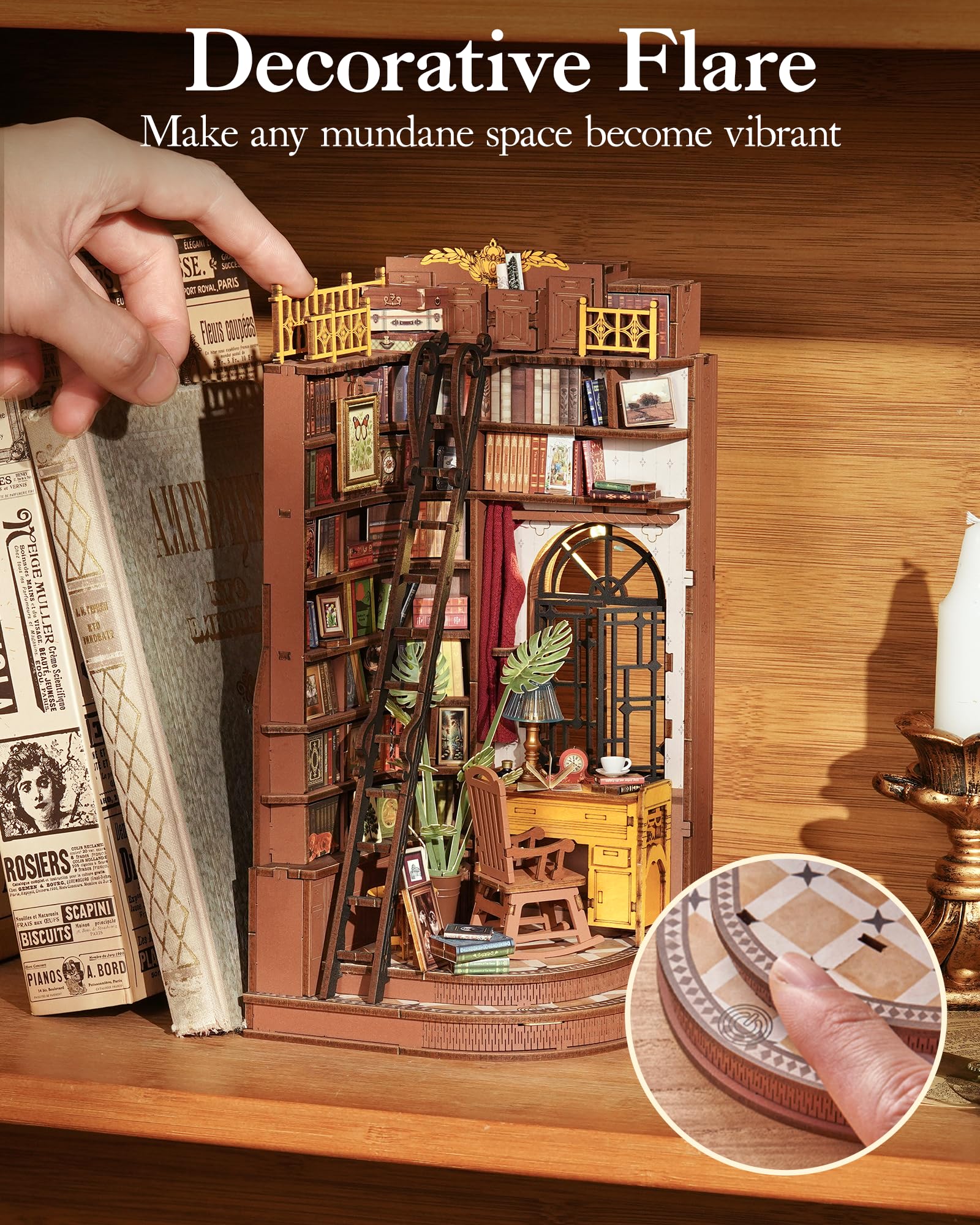 ROBOTIME Book Nook in Legno – Booknook Casa in Miniatura da Costruire con Luci, Puzzle 3D Creativo per Adulti e Ragazzi, Decorazione da Libreria (Silent Corner Study)