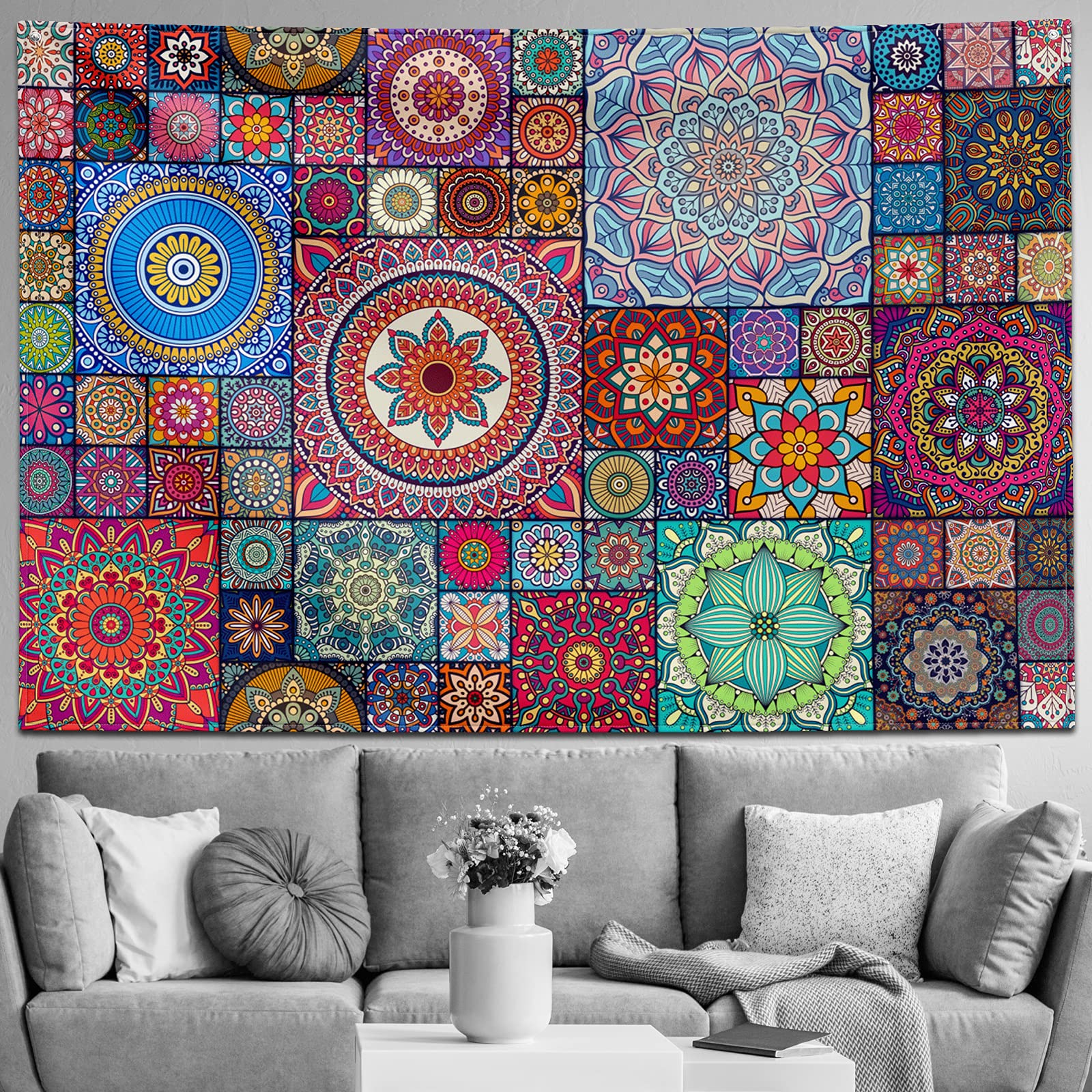 Boho Bohemian Mandala Tapestry Wall Hanging Indian Hippie Bohemian Psychedelic Colorful Floral Flower Tapestries Wall Decor Art Wall Tapestry for Bedroom Aesthetic Living Room College Dorm 92x61 Inch