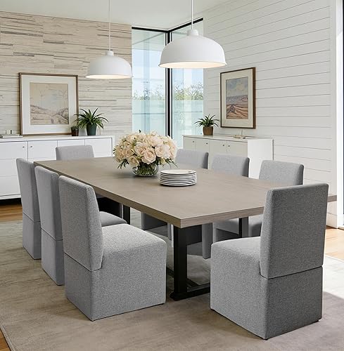 Miniatura 28 de Juego de 8 sillas de comedor tapizadas modernas para cocina y comedor, sillas de comedor de tela de lino con marco de madera, color gris
