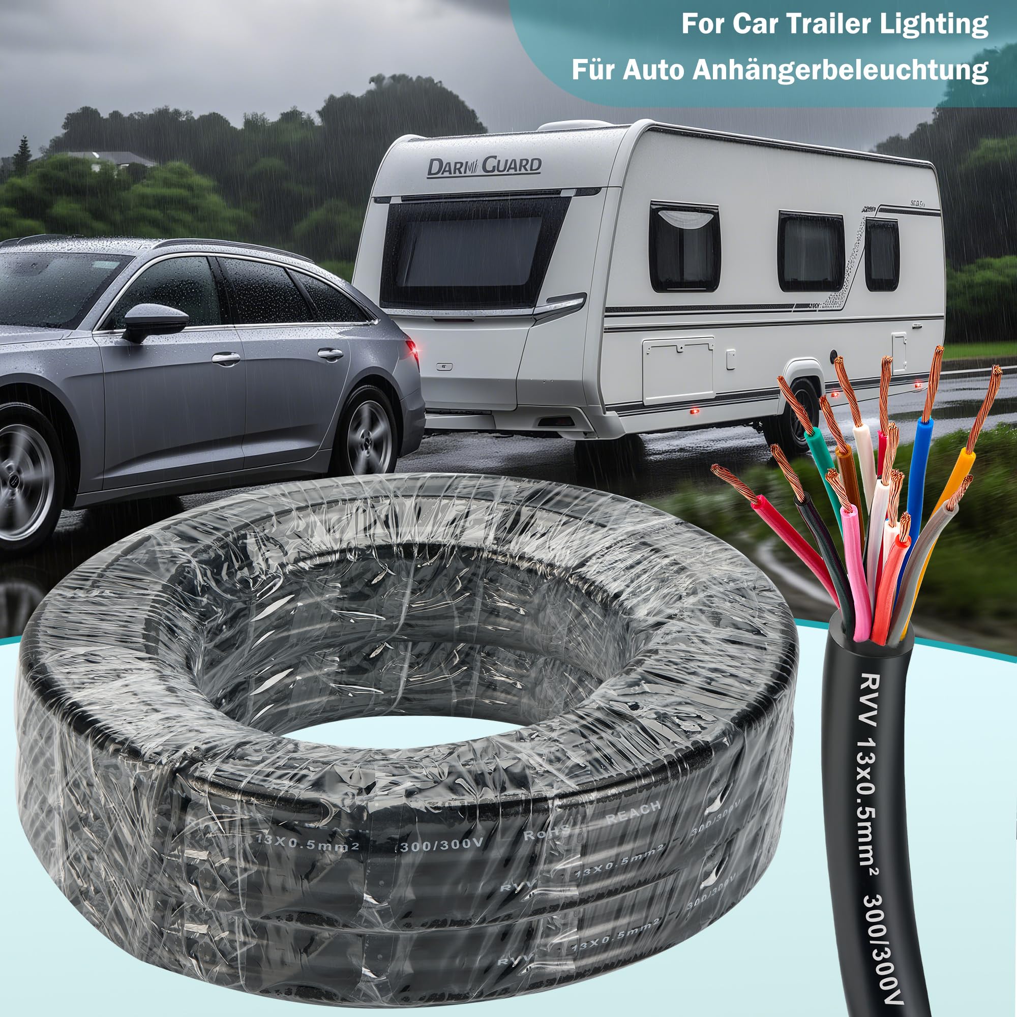 Cable de Remolque 13 Núcleos 0.5mm², 15M Cable Alargador 13 Hilos 12V/24V para Caravana Vehículo Coche Barco Pilotos Remolque Enchufes Camping y Luces LED, Aprobación RoHs Reach