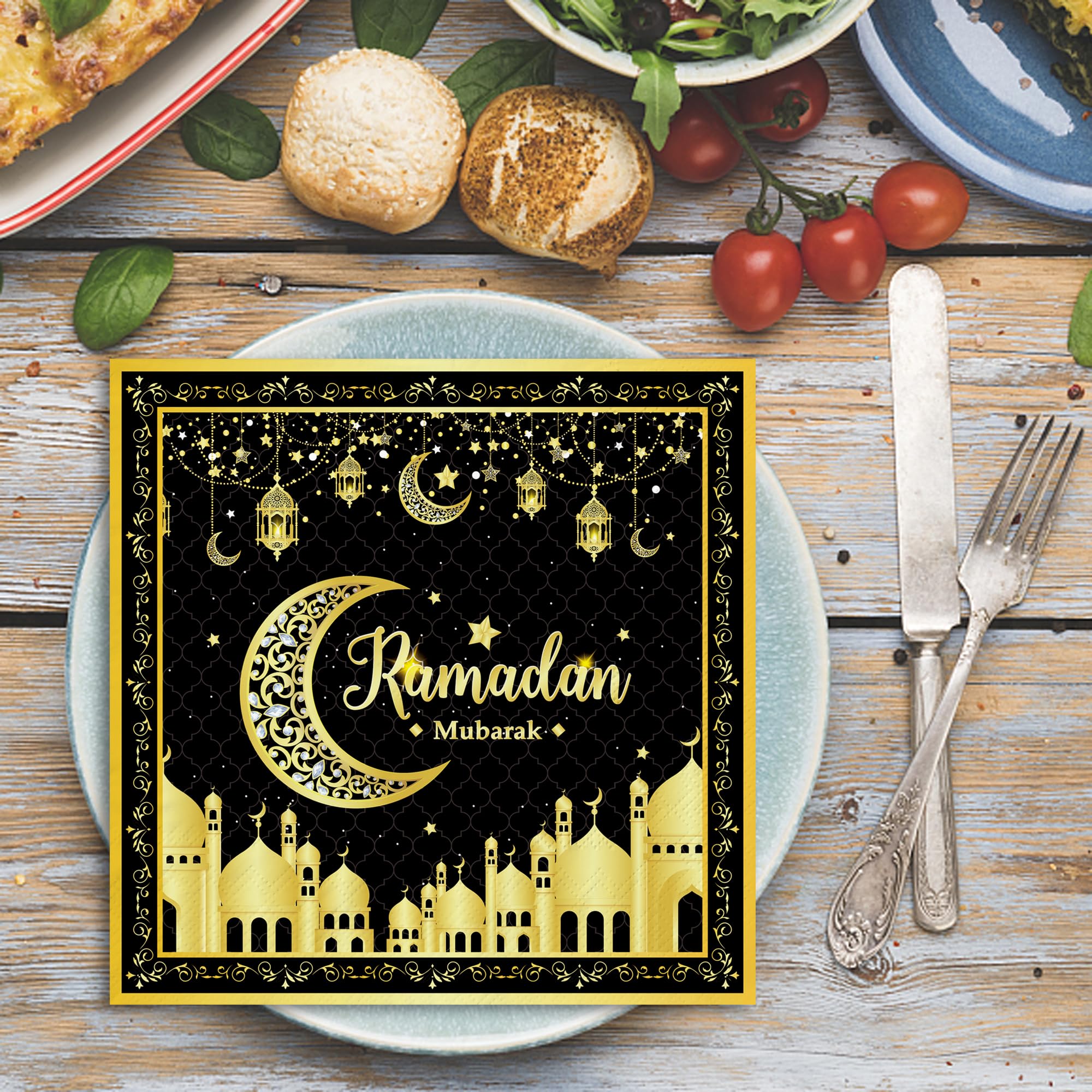 Serviettes De Table Festives Serviettes De Table Ramadan Mubarak 33x33cm - Lot De 80 Pièces - Décoration Ramadan 2024 & Eid - Motifs Mosquée & Croissant Serviette De Table Tissu