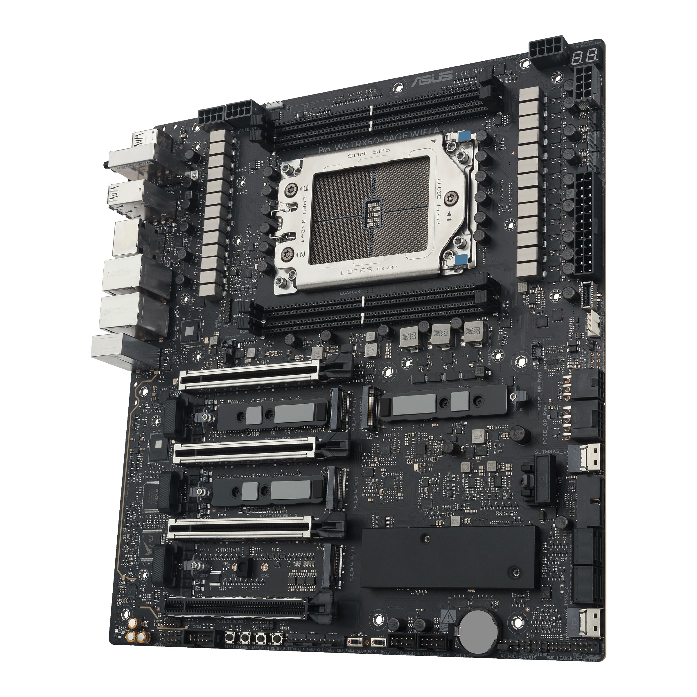 ASUS PRO WS TRX50-SAGE WIFI A, płyta główna AMD, gniazdo AMD sTR5 dla procesora do 96 rdzeni, 36 stopni zasilania, gniazdo DDR5 ECC R-DIMM, trzy gniazda M.2, trzy gniazda PCIe 5.0, USB-C 20 Gb/s