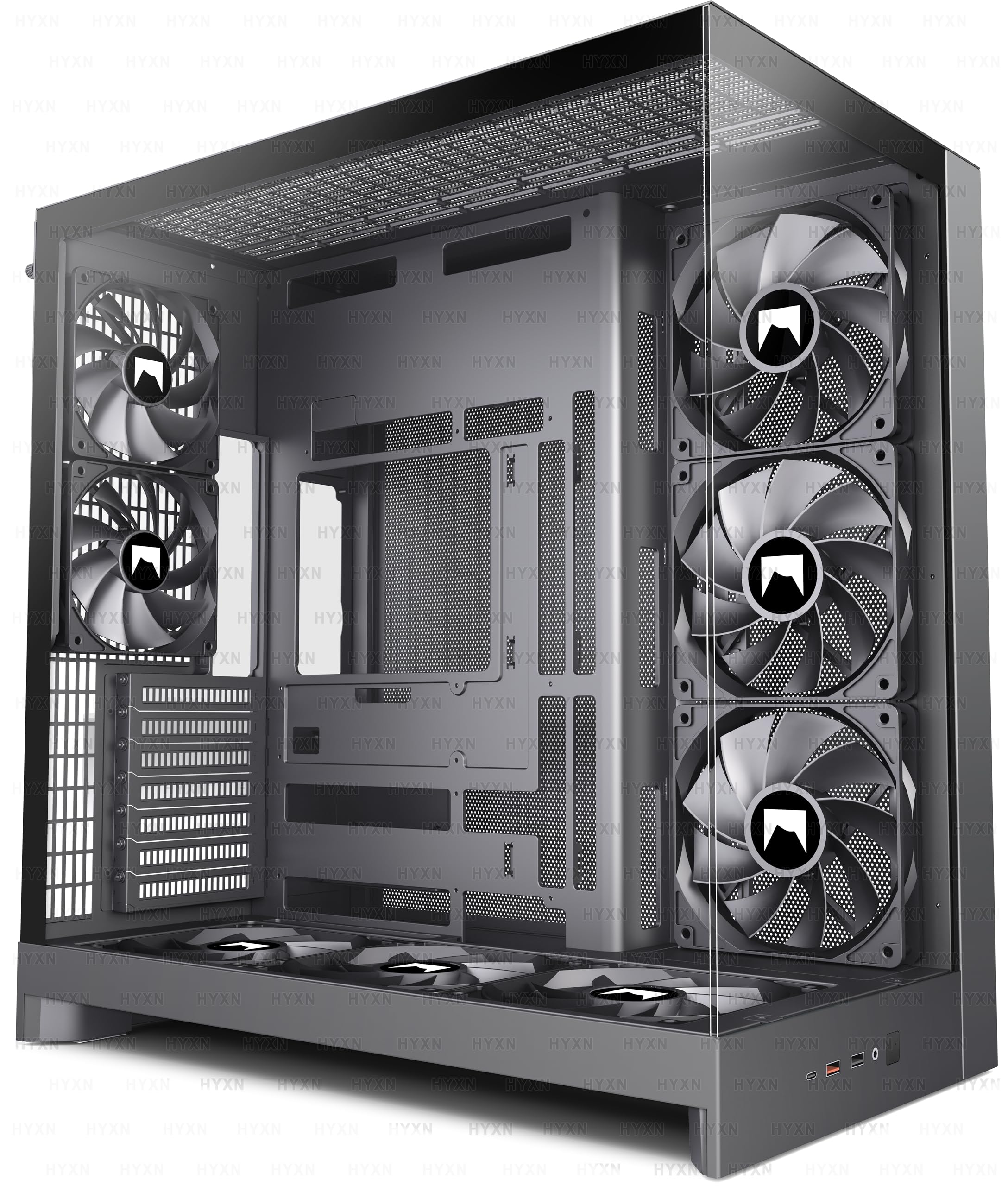 H2(2026) HYXN ATX PC Case – 8 Non LED ventola preinstallata (6 x 140 mm e 2 x 120 mm), grande doppia camera ATX Mid-Tower Airflow Gaming PC, supporto radiatore da 420 mm, con Type C 3.2 (Nero, H2)