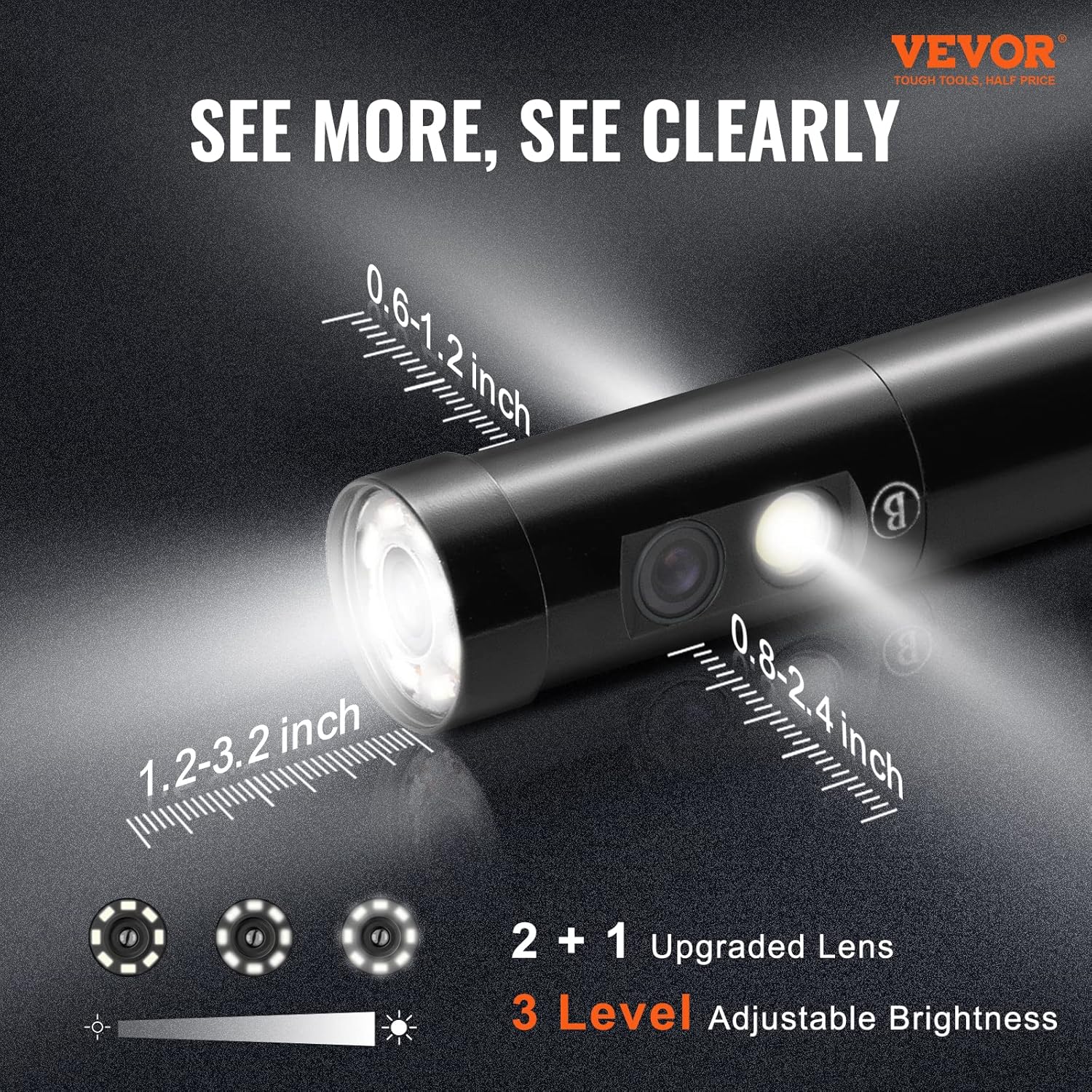 VEVOR Triple Lens Inspection Camera with Light, 5" IPS Screen Industrial Borescope, 8X Zoom 1080P HD Split Screen, 10 LED Lights Scope Camera for Automotive, Plumbing(16.5FT)