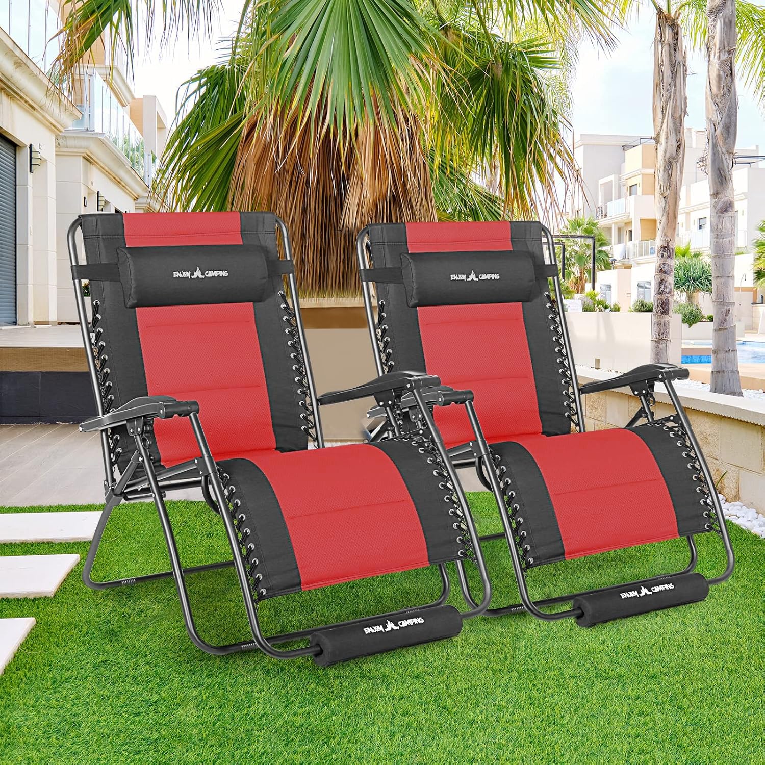 UDPATIO Zero Gravity Chair Set of 2 33In Oversized XXL Patio Anti Gravity Chairs Outdoor Lounge Folding Adjustable Recliner with Cup Holder, Foot Rest & Padded Headrest,Burgundy, Support 500lbs