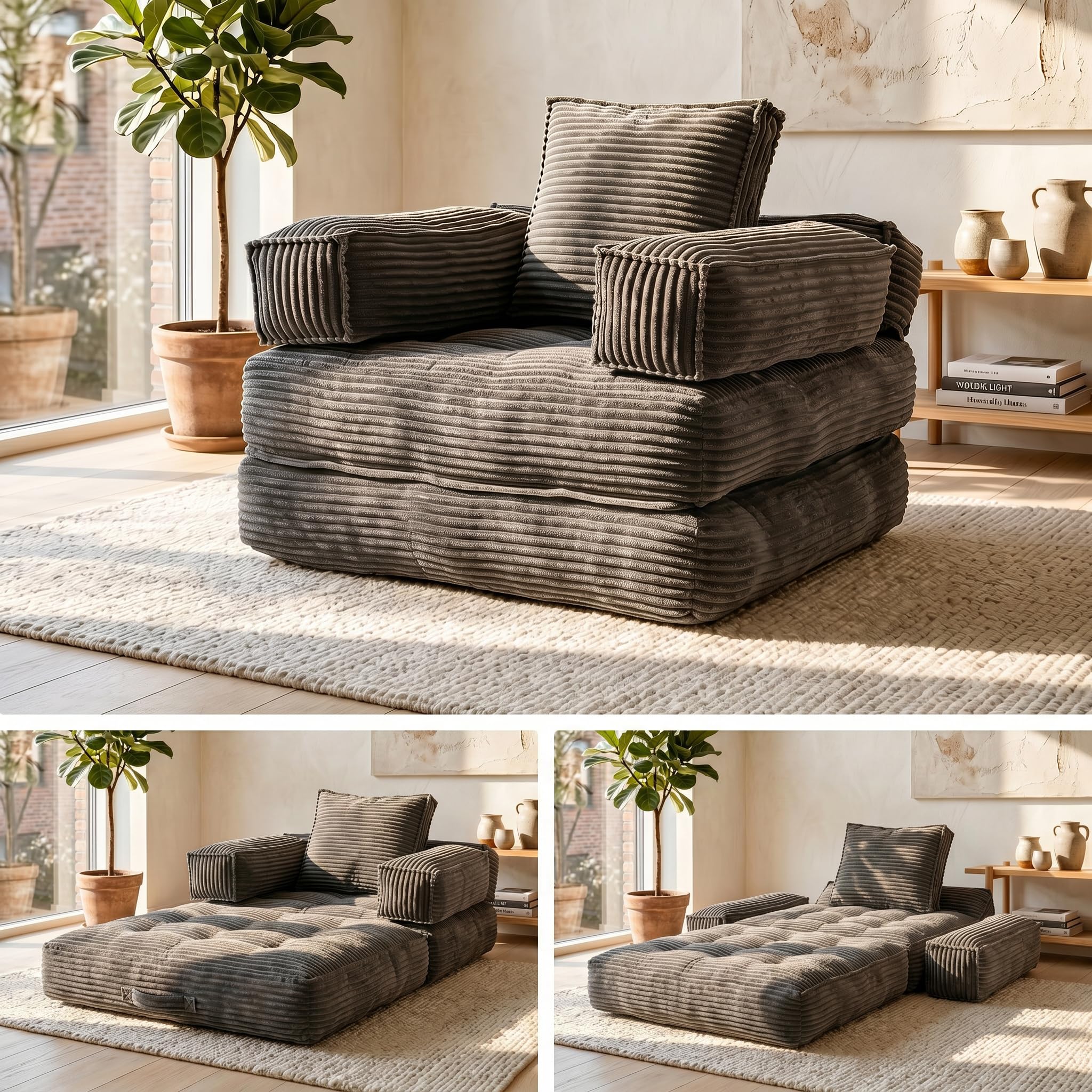 PREMTURE Foldable Sofa Bed Chair Single Adult – Convertible Floor Sofa Lounger with Adjustable Armrests, Soft Corduroy Lazy Recliner for Living Room, Studio, Dorm & Small Spaces, Dark Grey