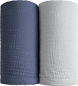 Konssy Muslin Swaddle Blankets for Boys Girls, 2 Pack Receiving Baby Blanket Large 47 x 47 inches, Soft Breathable Swaddling Wrap for Unisex Newborn (Navy, Grey)