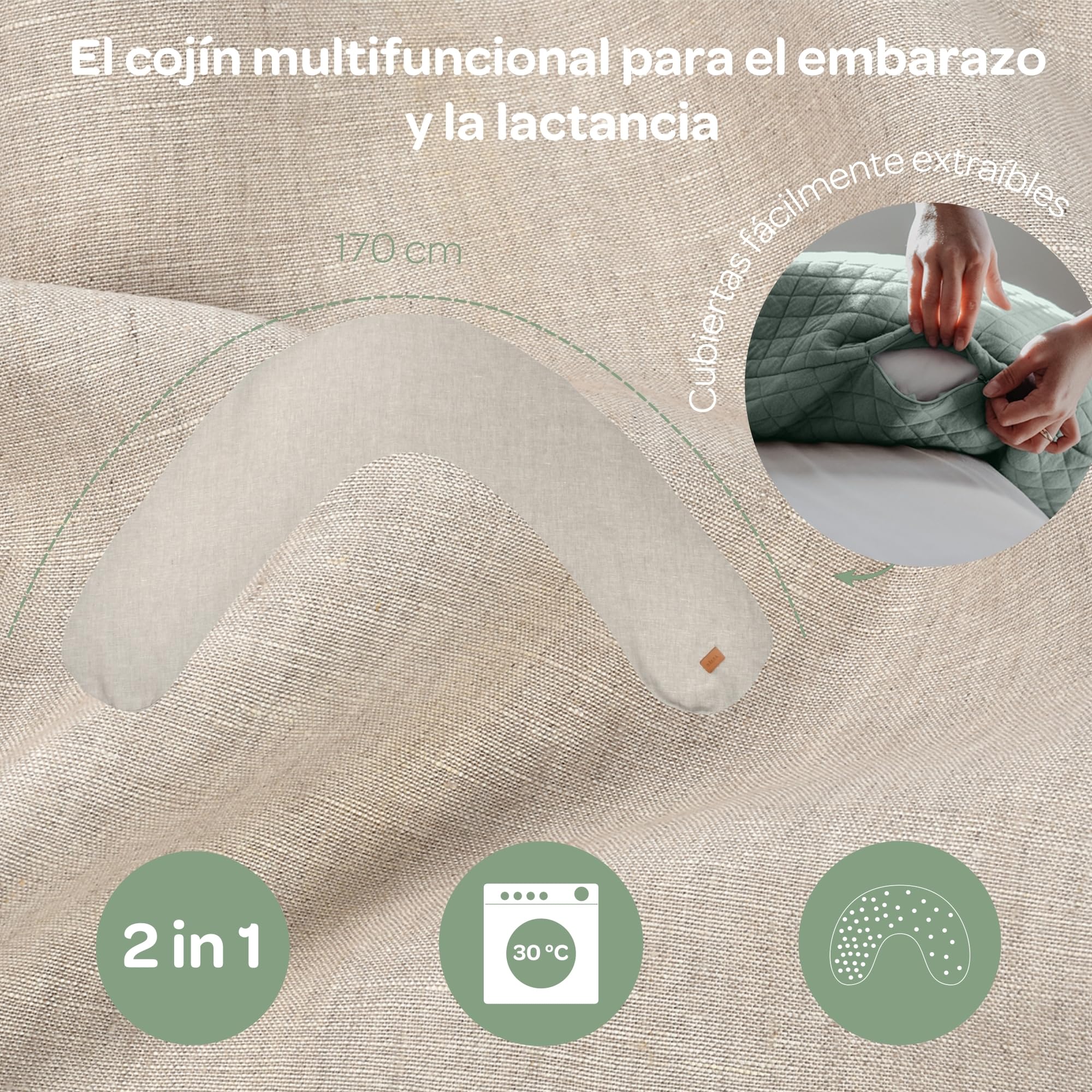 BÉABA, Big Flopsy, Cojin Lactancia, Almohada de Maternidad y Embarazada, Multifuncional, Adecuada para Dormir/Amamantar, Soporte, Hipoalergénica, Confort, Noche Tranquila, Lino, Oekotex, Beige